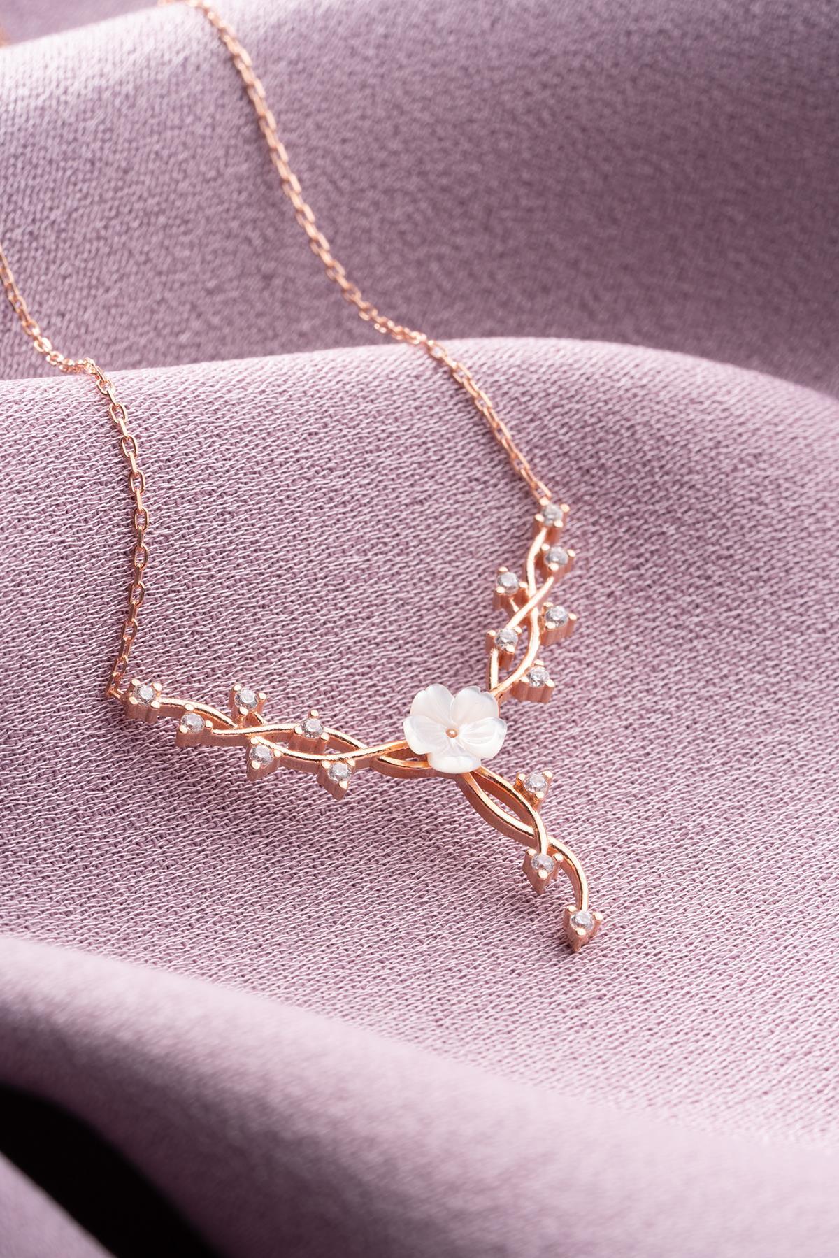 Rose Gold Magnolia Necklace | Sterling Silver Zircon Floral Vine Pendant (NRZ998918)