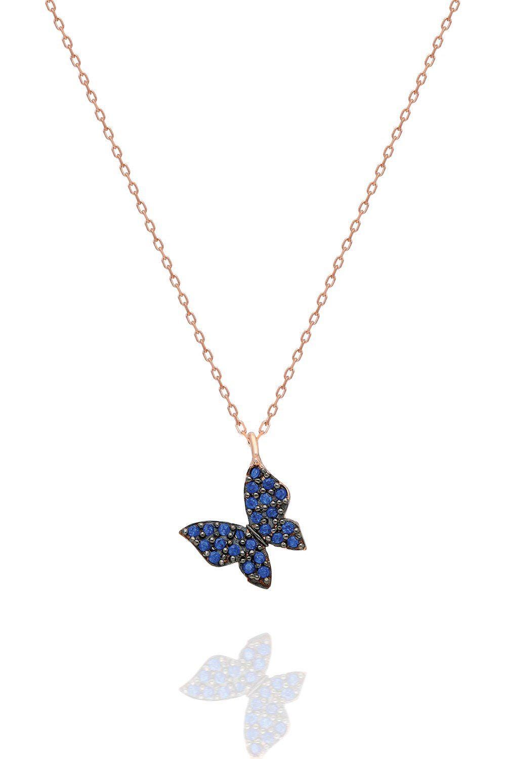 Rose Gold Blue Butterfly Necklace | Sterling Silver Zircon Petite Pendant (TRDYL146)