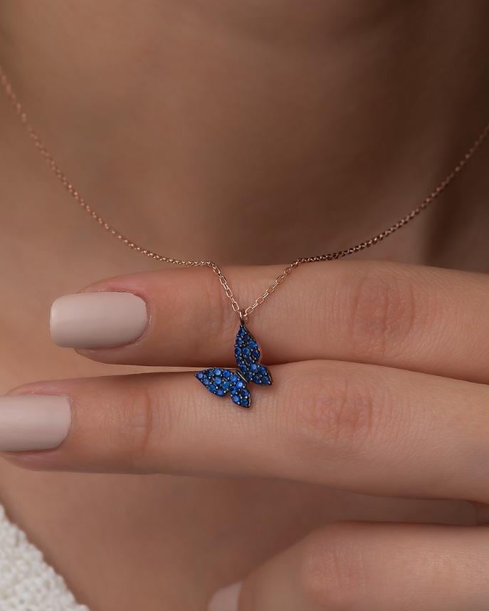 Rose Gold Blue Butterfly Necklace | Sterling Silver Zircon Petite Pendant (TRDYL146)
