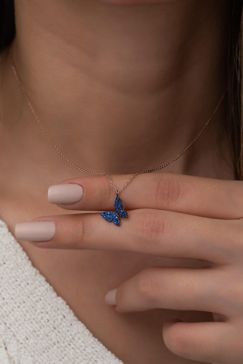 Rose Gold Blue Butterfly Necklace | Sterling Silver Zircon Petite Pendant (TRDYL146)