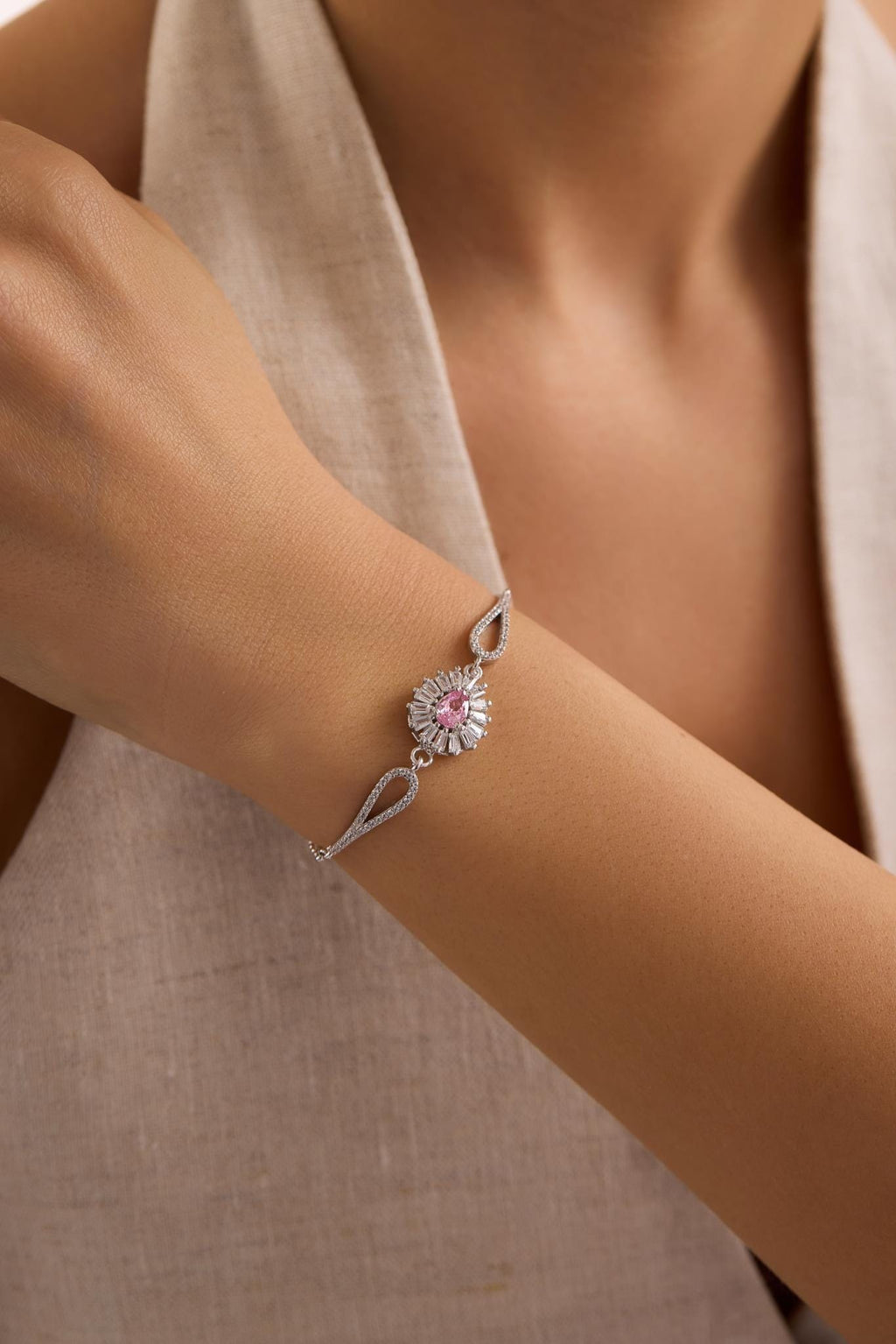 Rhodium Plated Silver Pink Teardrop Bangle Bracelet (NRZ1000861)