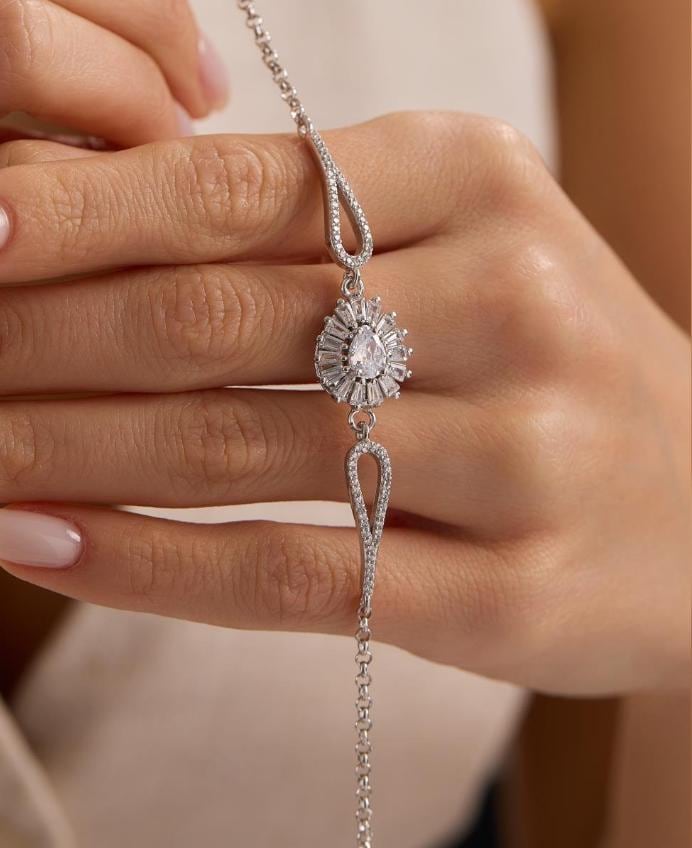 Sterling Silver White Zircon Teardrop Bangle Bracelet