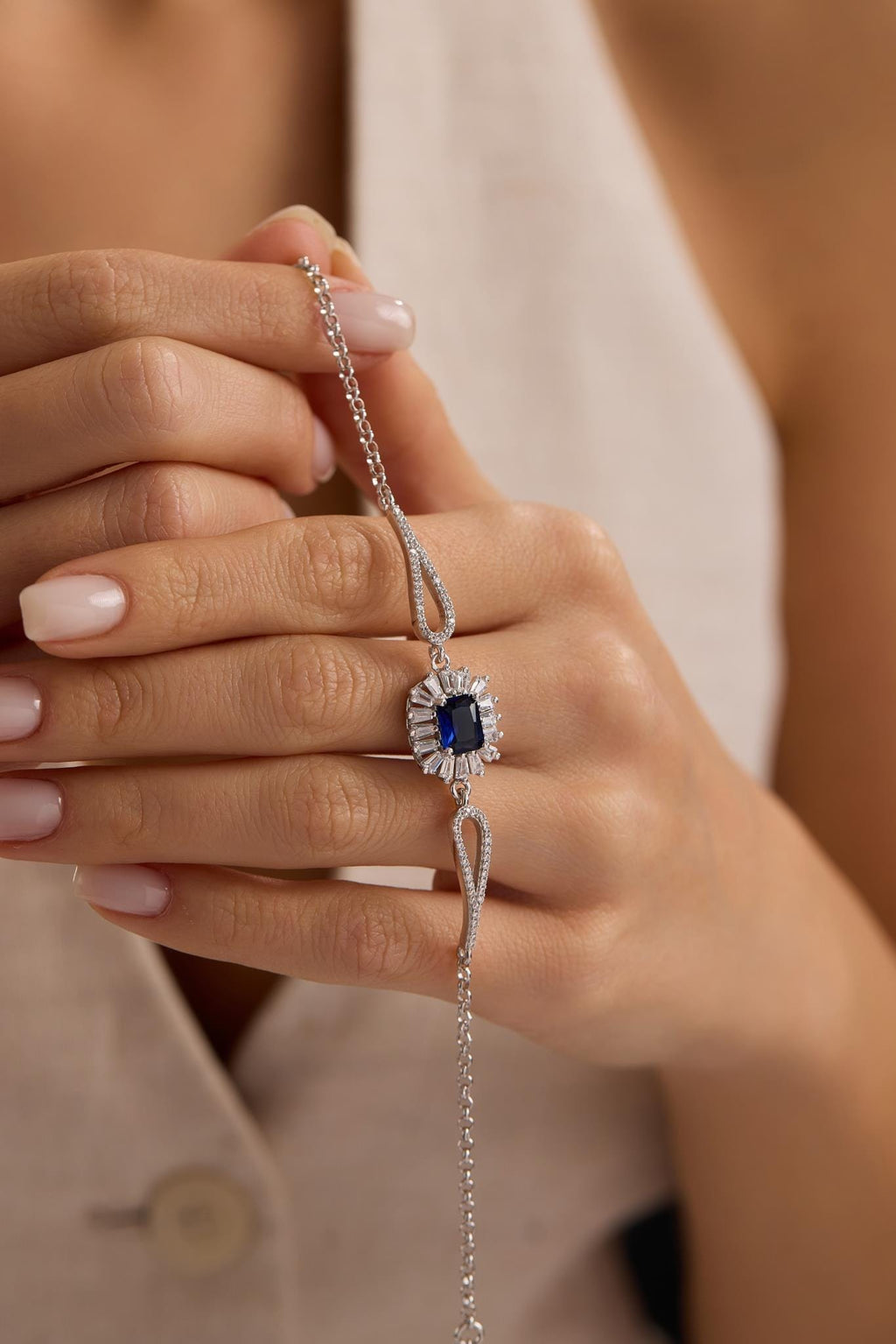 Sterling Silver Baguette Blue CZ Bracelet | Minimal Cuff (NRZ1000857)