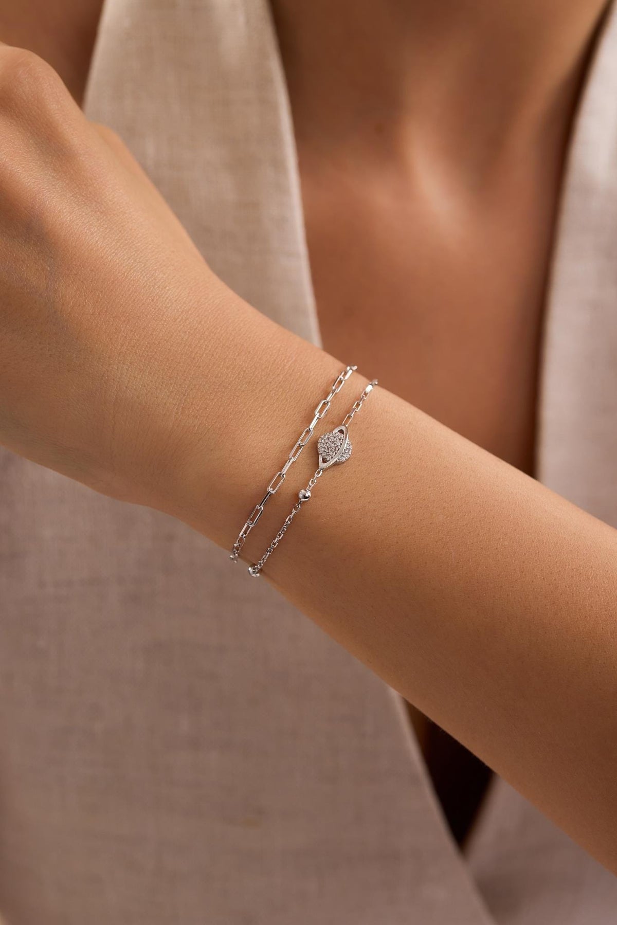 925 Sterling Silver Rhodium Plated Double Chain Planet Bracelet with Zircon Stone (NRZ1000816)
