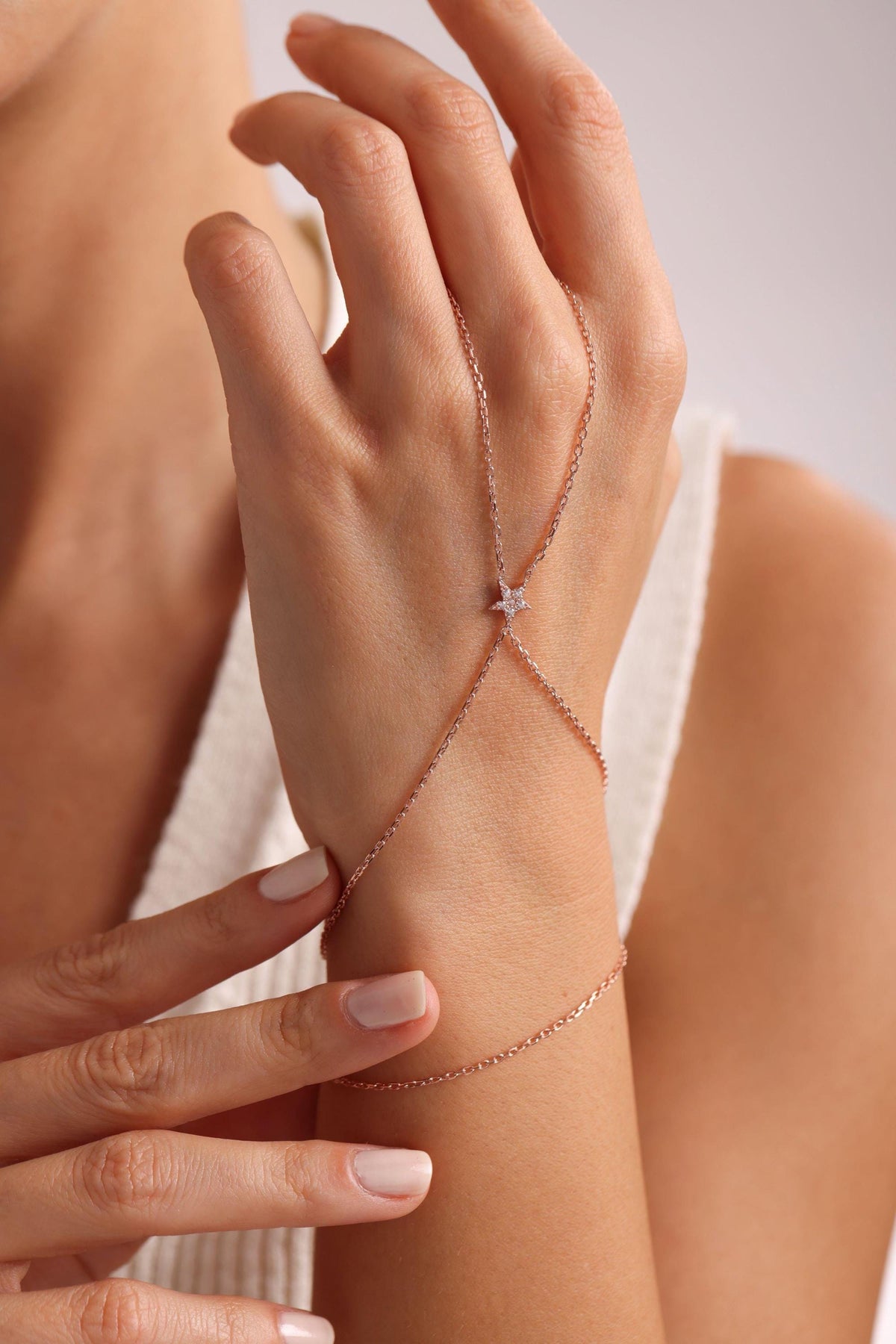 Rose Gold Star Hand Chain Bracelet | Minimal Silver Jewelry