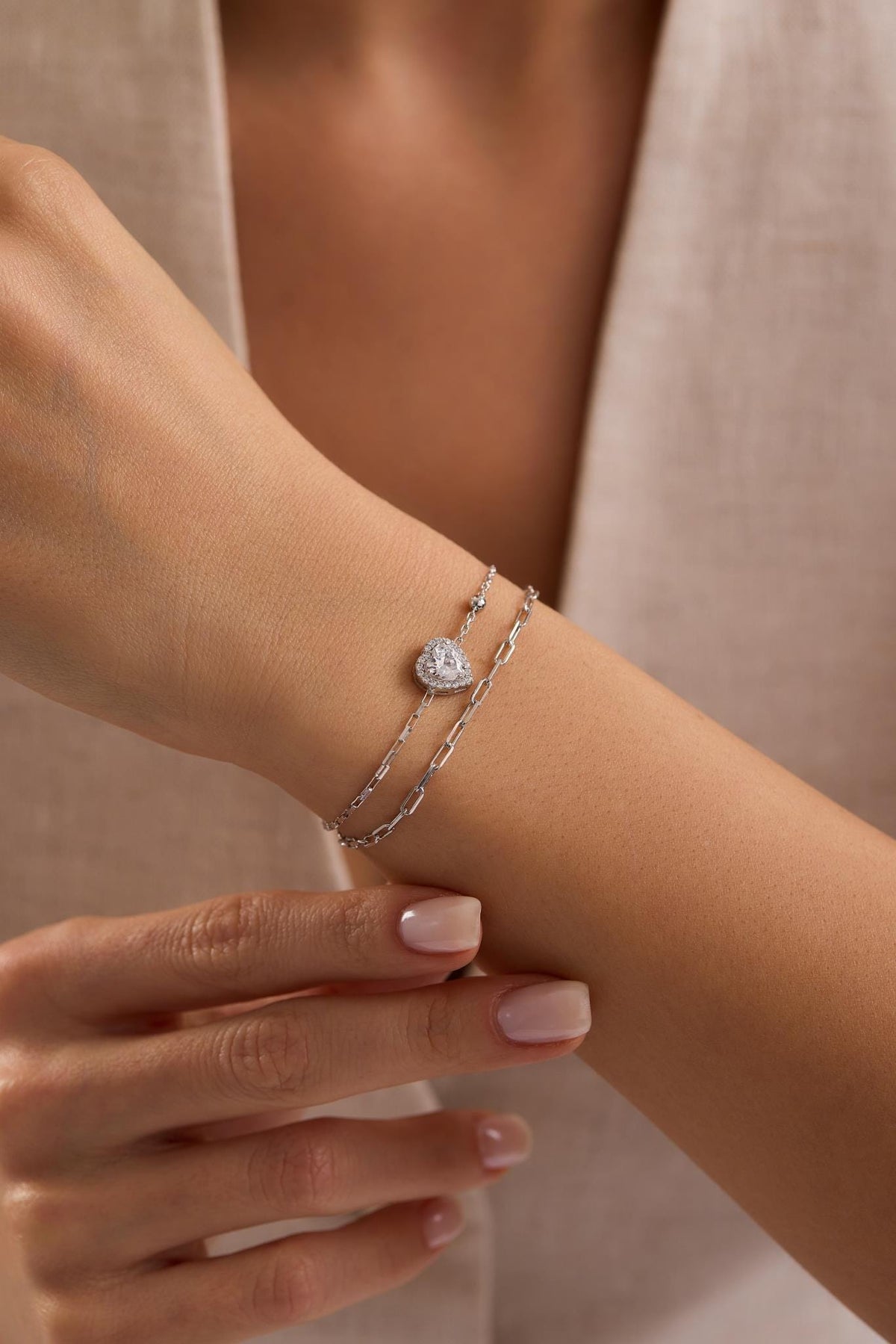 925 Sterling Silver Rhodium Plated Double Chain Heart Solitaire Bracelet with Zircon