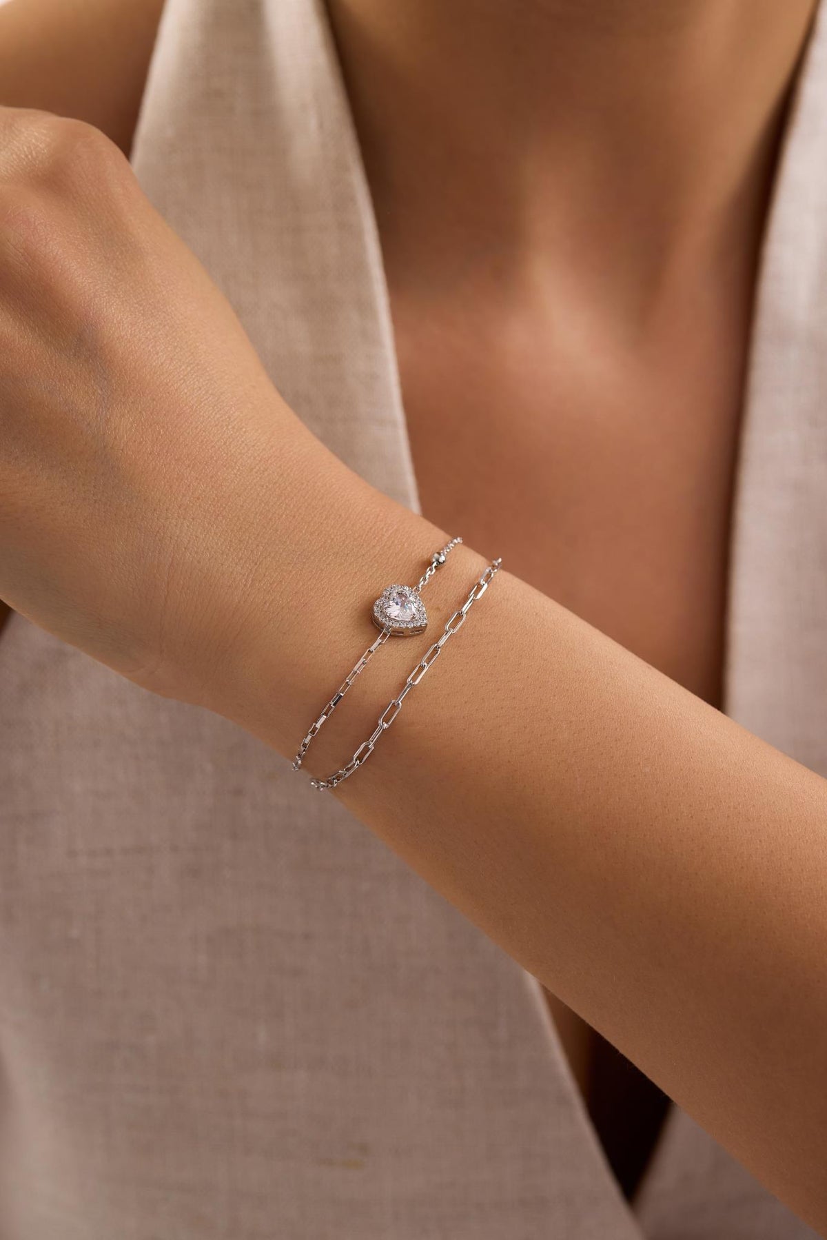 925 Sterling Silver Rhodium Plated Double Chain Heart Solitaire Bracelet with Zircon
