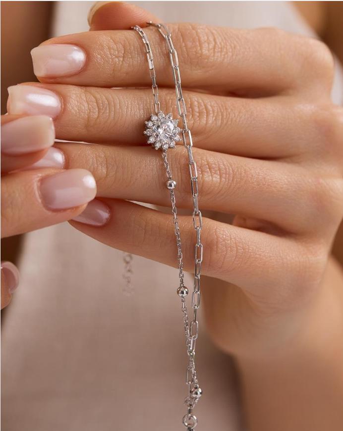 925 Sterling Silver Rhodium Plated Double Chain Diamond Setting Solitaire Bracelet with Zircon (NRZ1000814)