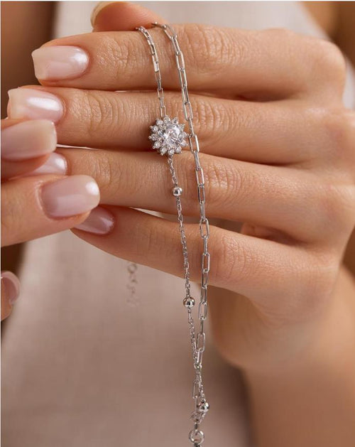 925 Sterling Silver Rhodium Plated Double Chain Diamond Setting Solitaire Bracelet with Zircon (NRZ1000814)
