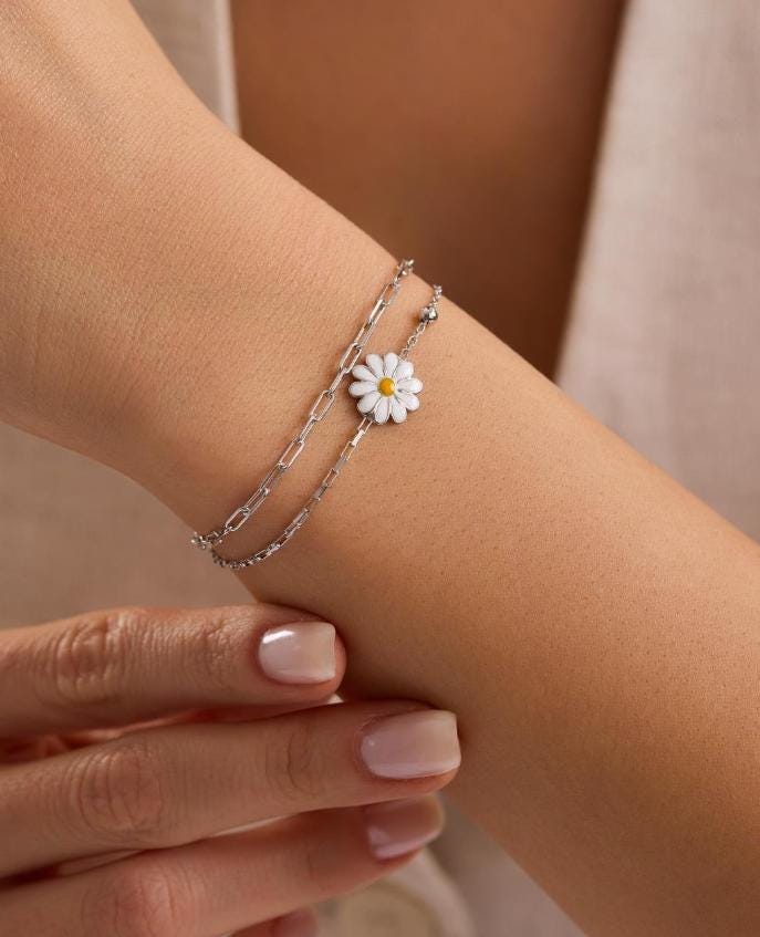 925 Sterling Silver Rhodium Plated Double Chain Daisy Bracelet with Zircon Stone (NRZ1000813)