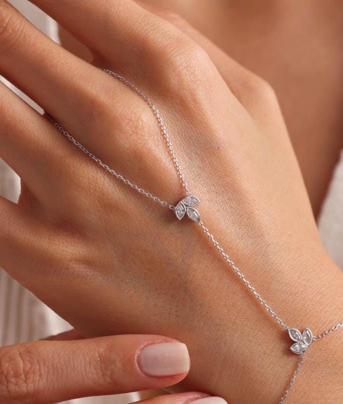 Silver Lotus Hand Chain Bracelet | 925 Sterling Silver Minimal Jewelry (NRZ999837)