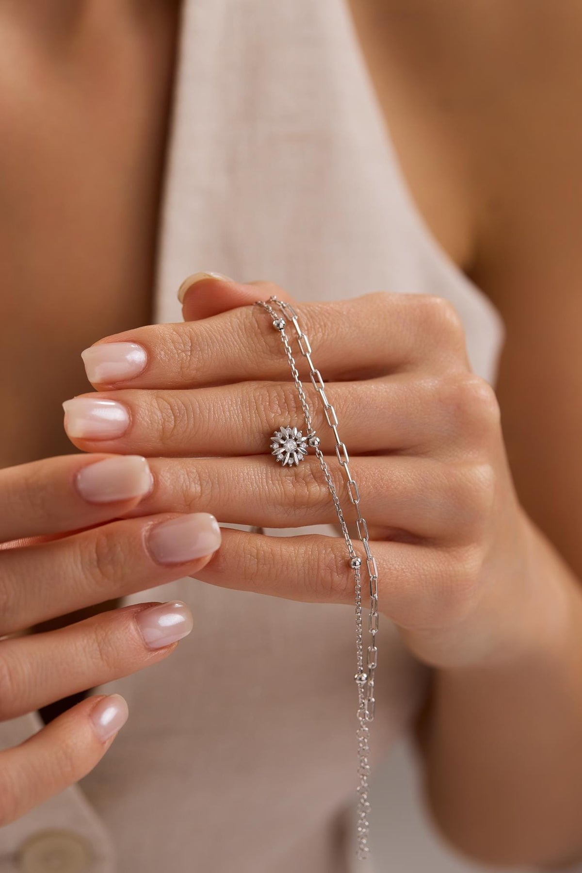 Sterling Silver Double Chain Sun Bracelet | Zircon Stone Celestial Jewelry (NRZ1000812)