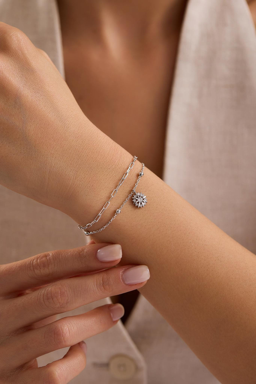 Sterling Silver Double Chain Sun Bracelet | Zircon Stone Celestial Jewelry (NRZ1000812)