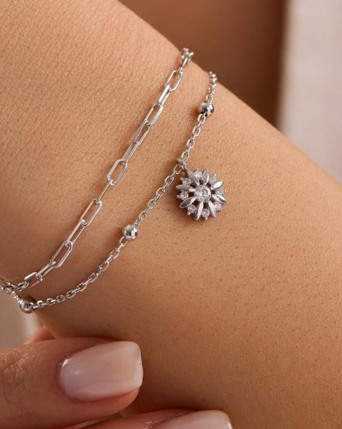 Sterling Silver Double Chain Sun Bracelet | Zircon Stone Celestial Jewelry (NRZ1000812)
