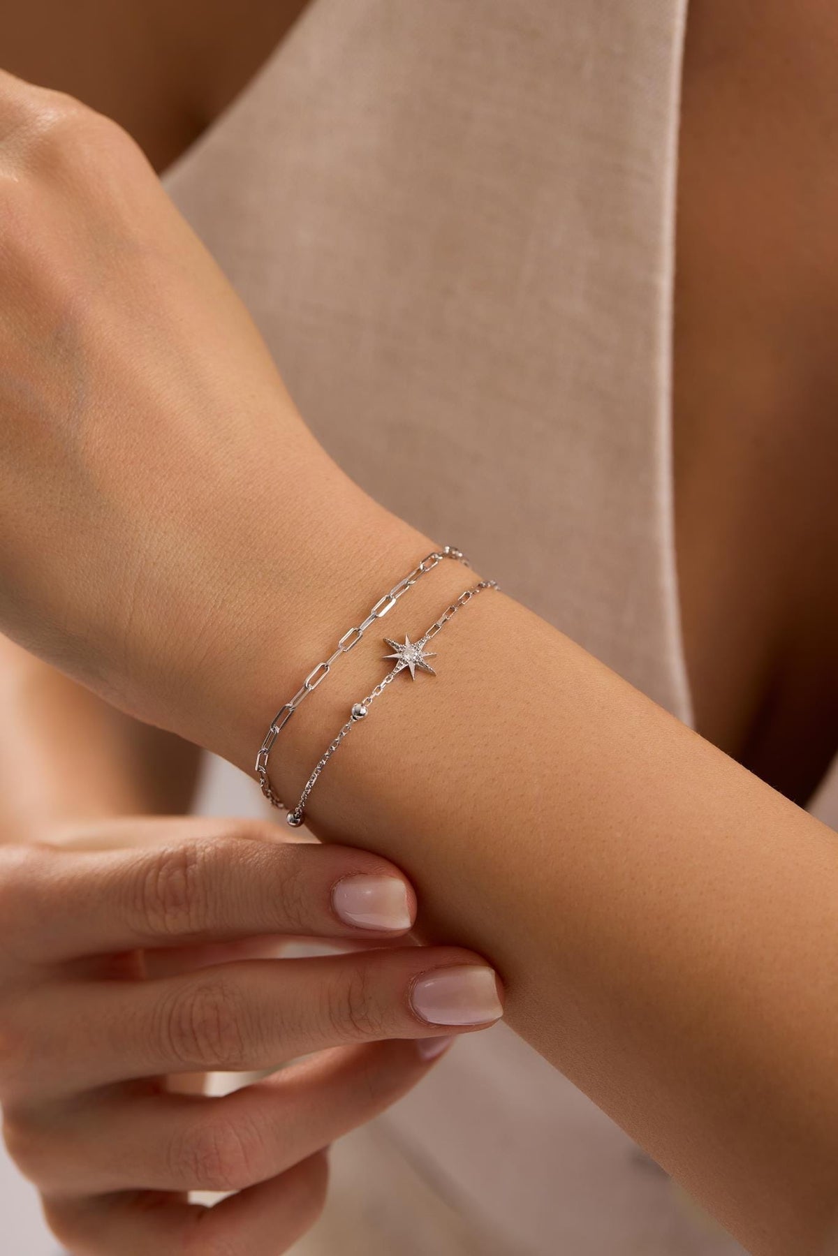 Sterling Silver North Star Bracelet | Double Chain Zircon Celestial Jewelry.