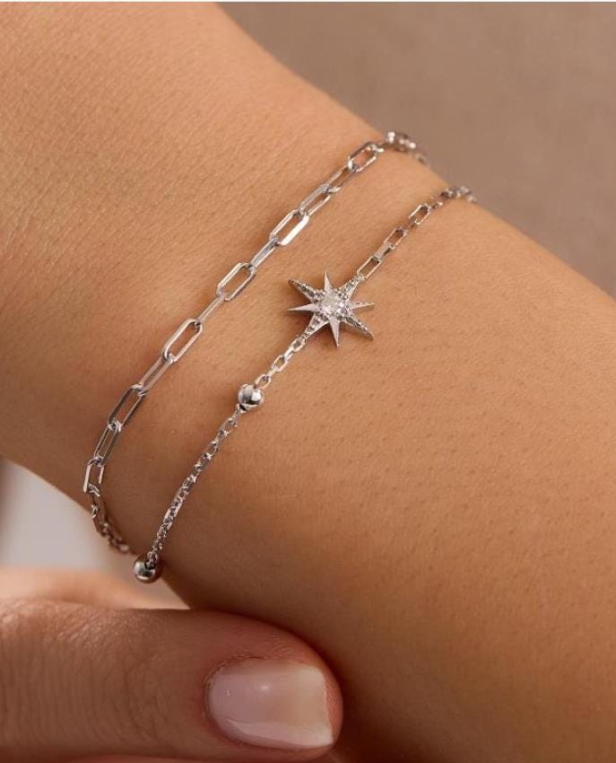 Sterling Silver North Star Bracelet | Double Chain Zircon Celestial Jewelry.
