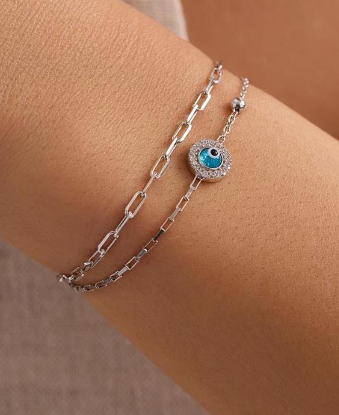 Sterling Silver Double Chain Evil Eye Bracelet | Zircon (NRZ1000805)