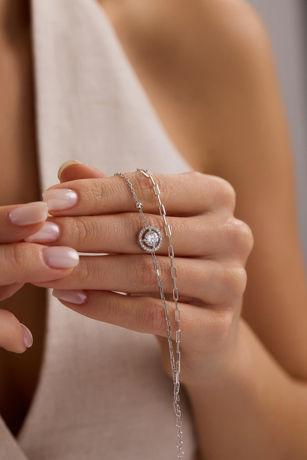 Sterling Silver Double Chain Solitaire Bracelet | 6 mm Zircon (NRZ1000803)