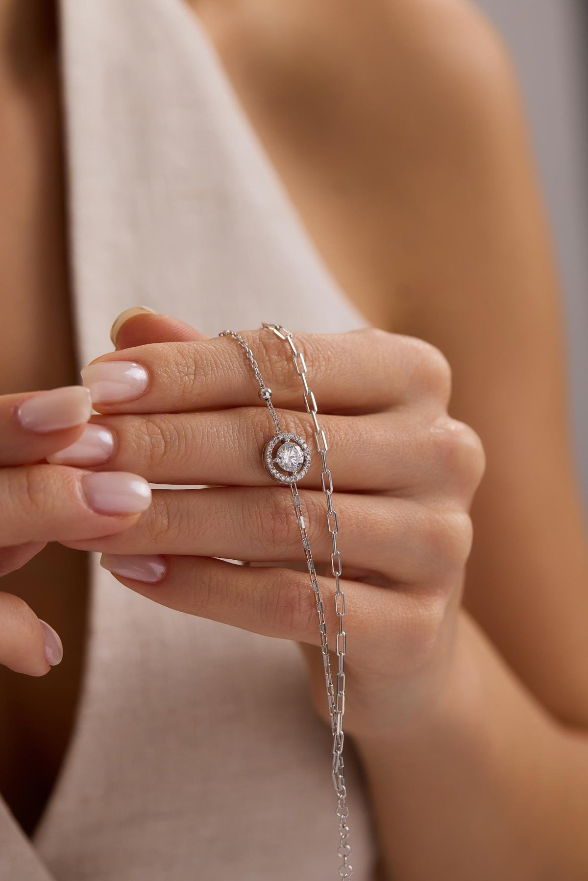 Sterling Silver Double Chain Solitaire Bracelet | 6 mm Zircon (NRZ1000803)