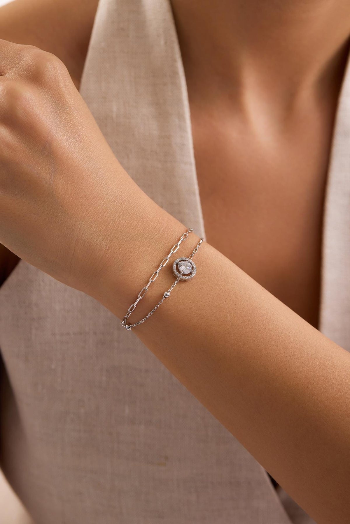 Sterling Silver Double Chain Solitaire Bracelet | 6 mm Zircon (NRZ1000803)