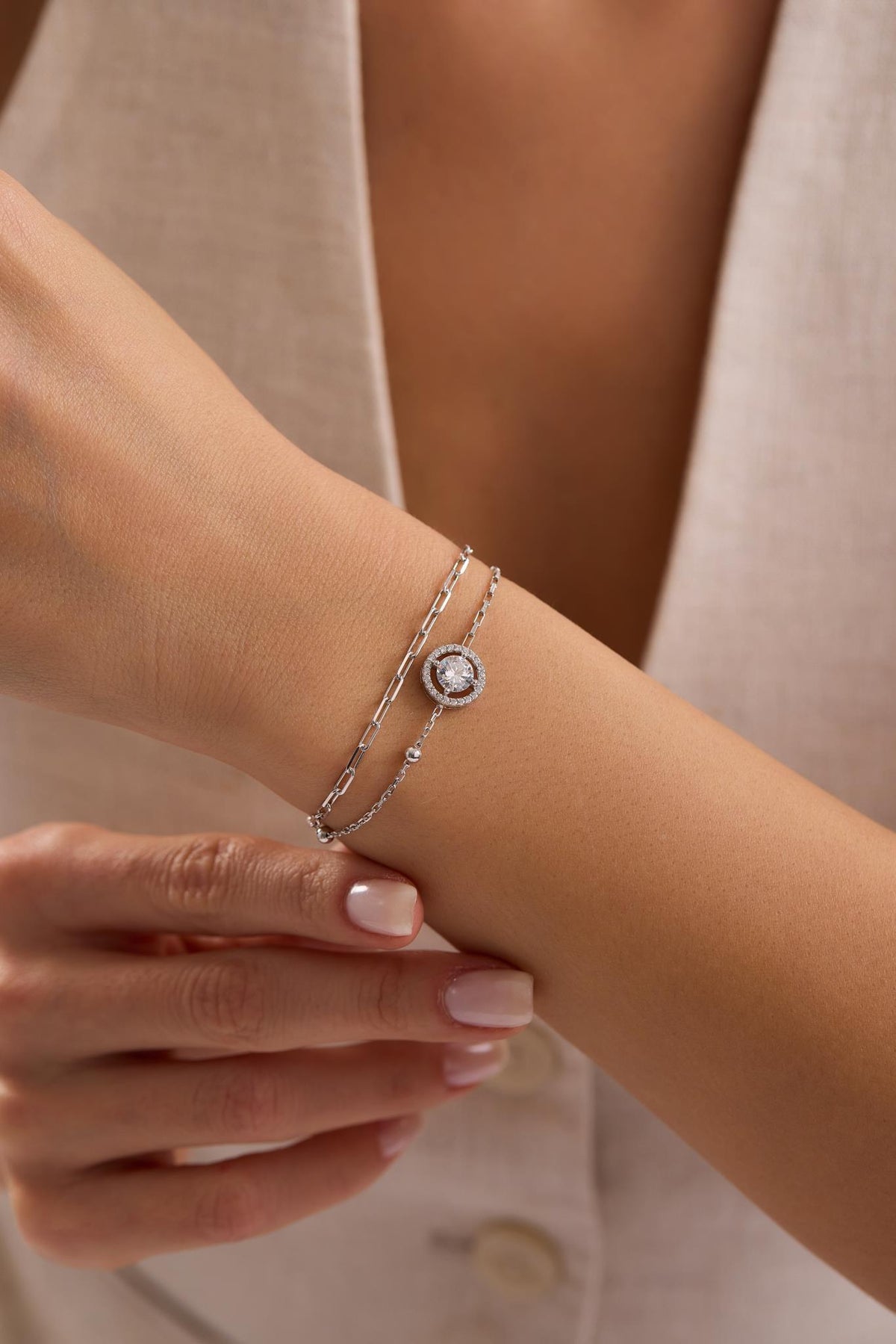 Sterling Silver Double Chain Solitaire Bracelet | 6 mm Zircon (NRZ1000803)