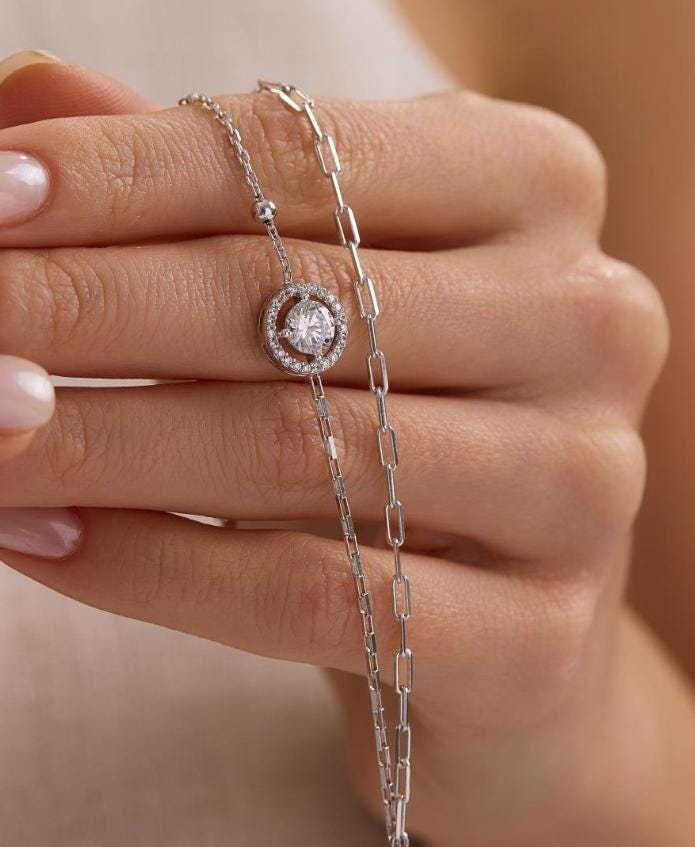 Sterling Silver Double Chain Solitaire Bracelet | 6 mm Zircon (NRZ1000803)