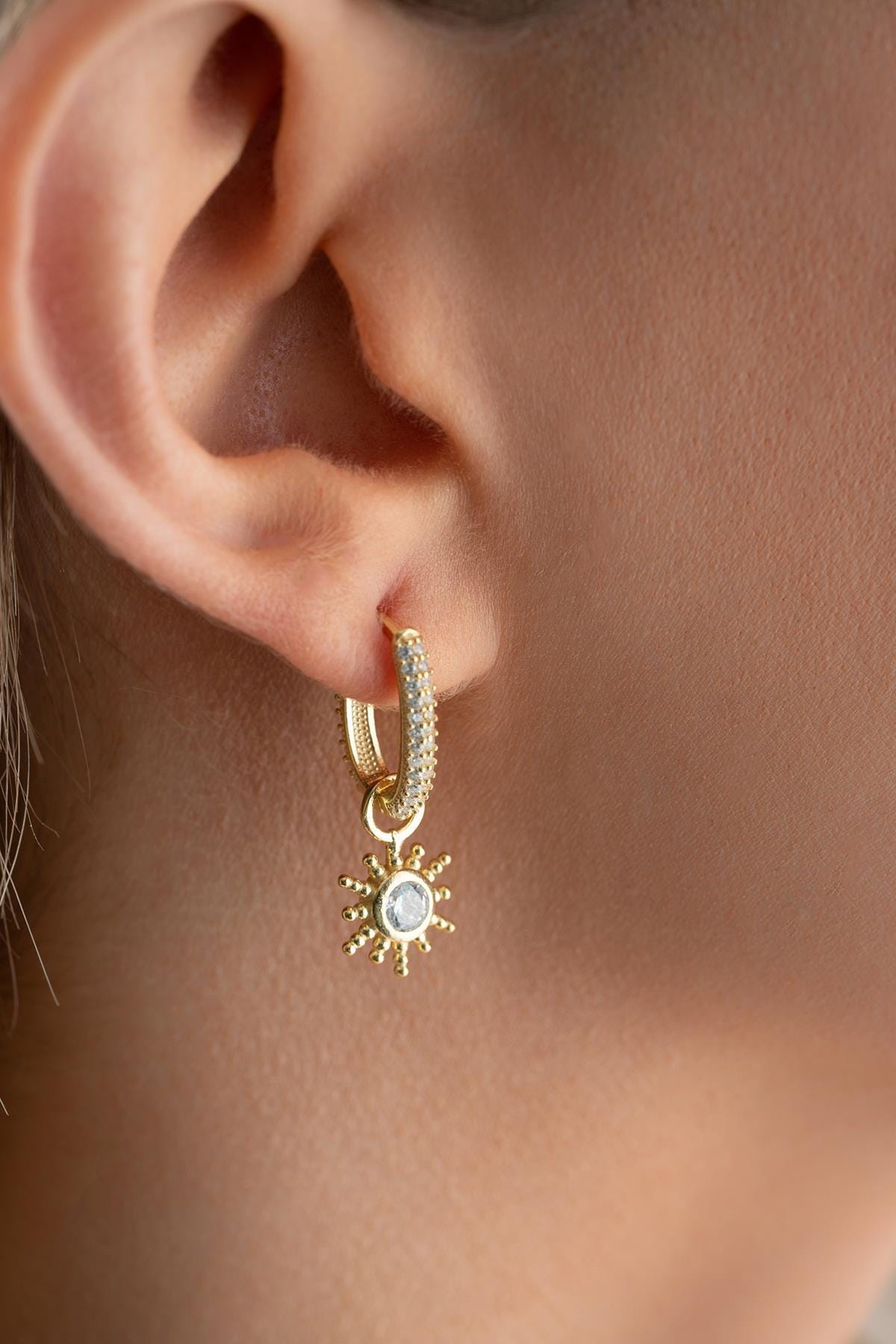 Sterling Silver Gold Sun Dangle Earrings | Minimal Celestial (NRZ1000905)