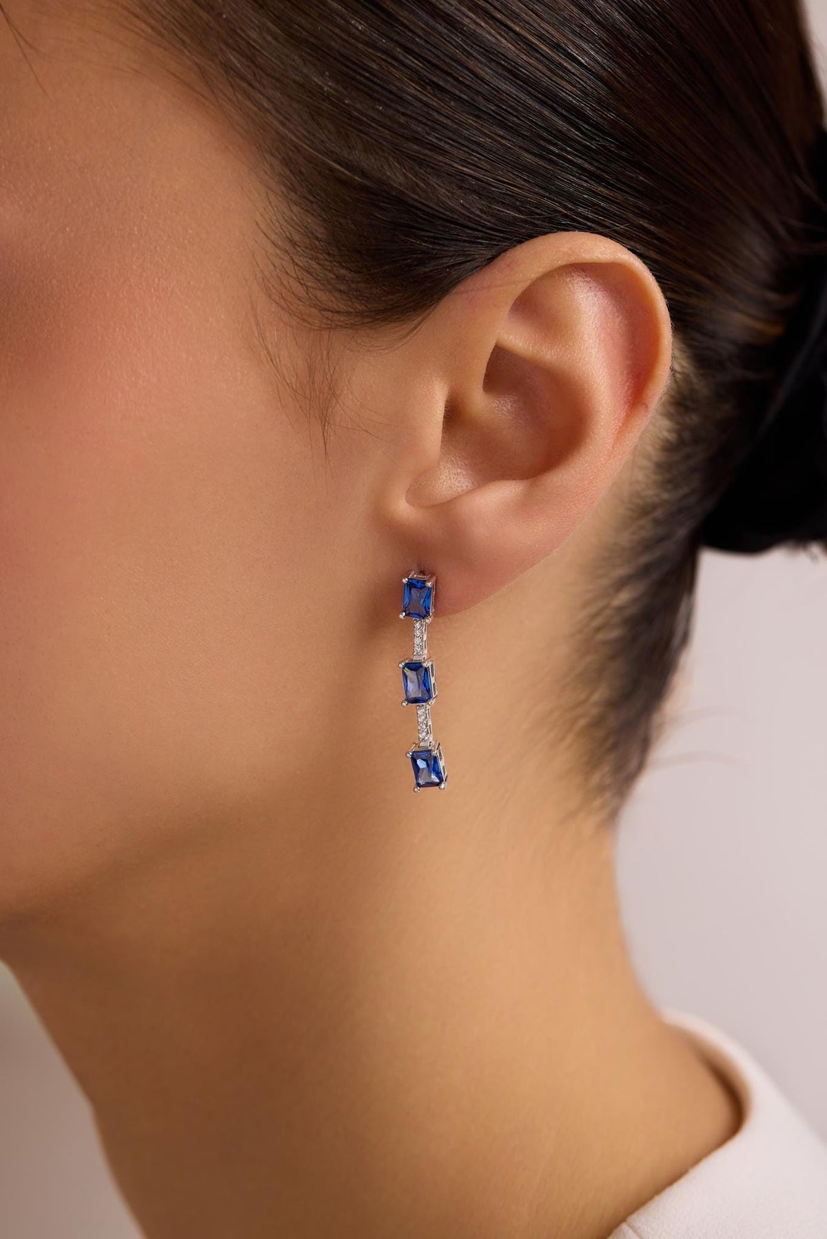 Sterling Silver Blue Baguette Drop Earrings | Triple Zircon Dangle (NRZ1000880)
