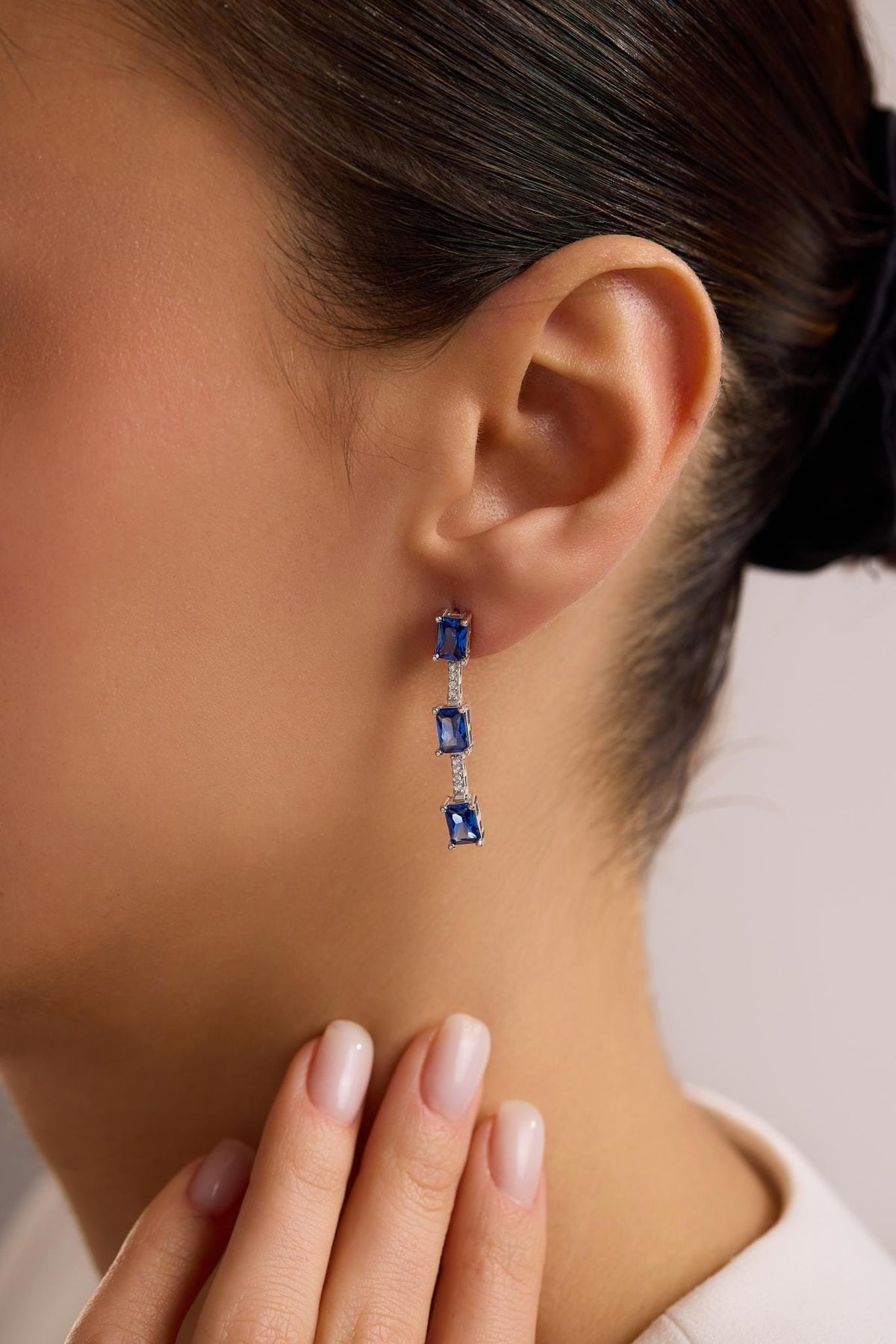 Sterling Silver Blue Baguette Drop Earrings | Triple Zircon Dangle (NRZ1000880)