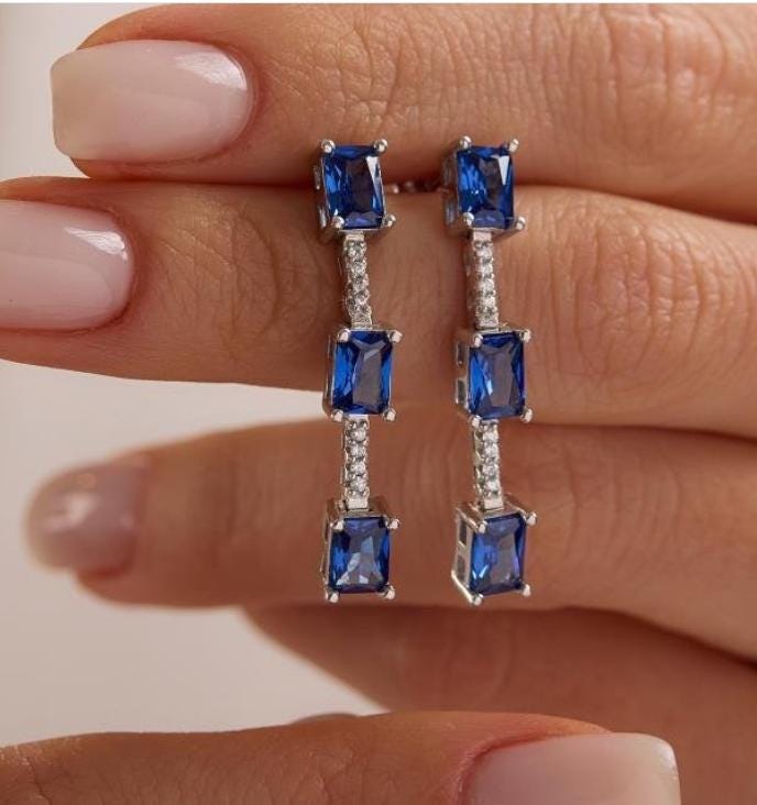 Sterling Silver Blue Baguette Drop Earrings | Triple Zircon Dangle (NRZ1000880)