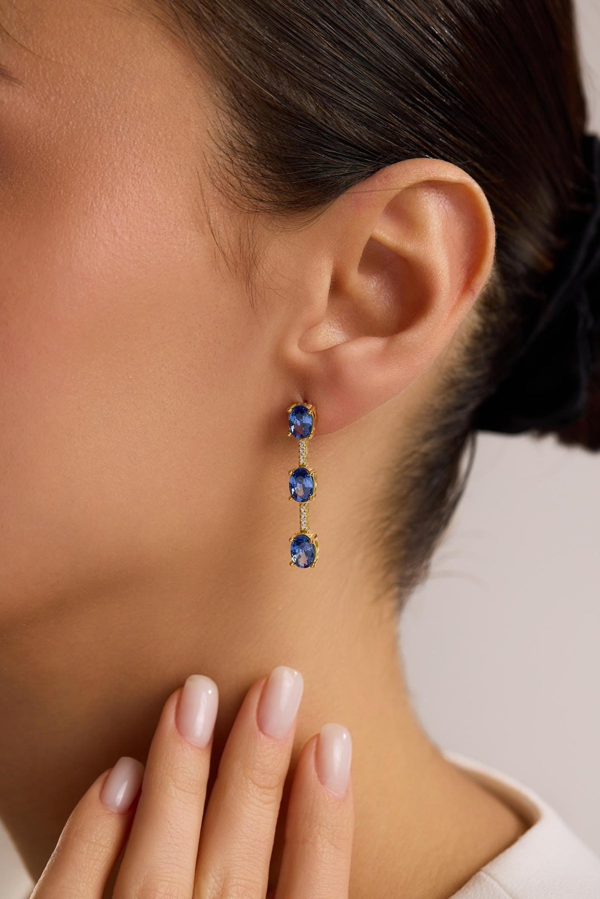 Sterling Silver Gold Plated Blue Oval Drop Earrings | Triple Zircon (NRZ1000878)