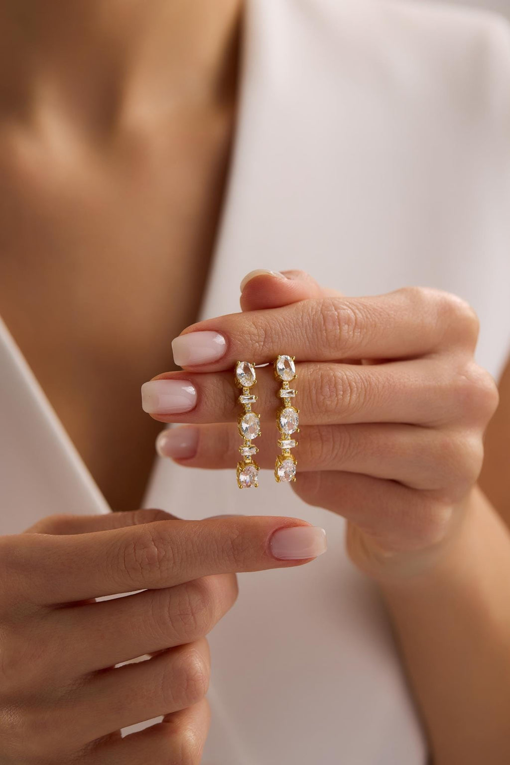 Sterling Silver Gold Plated White Oval Drop Earrings | Triple Zircon (NRZ1000877)