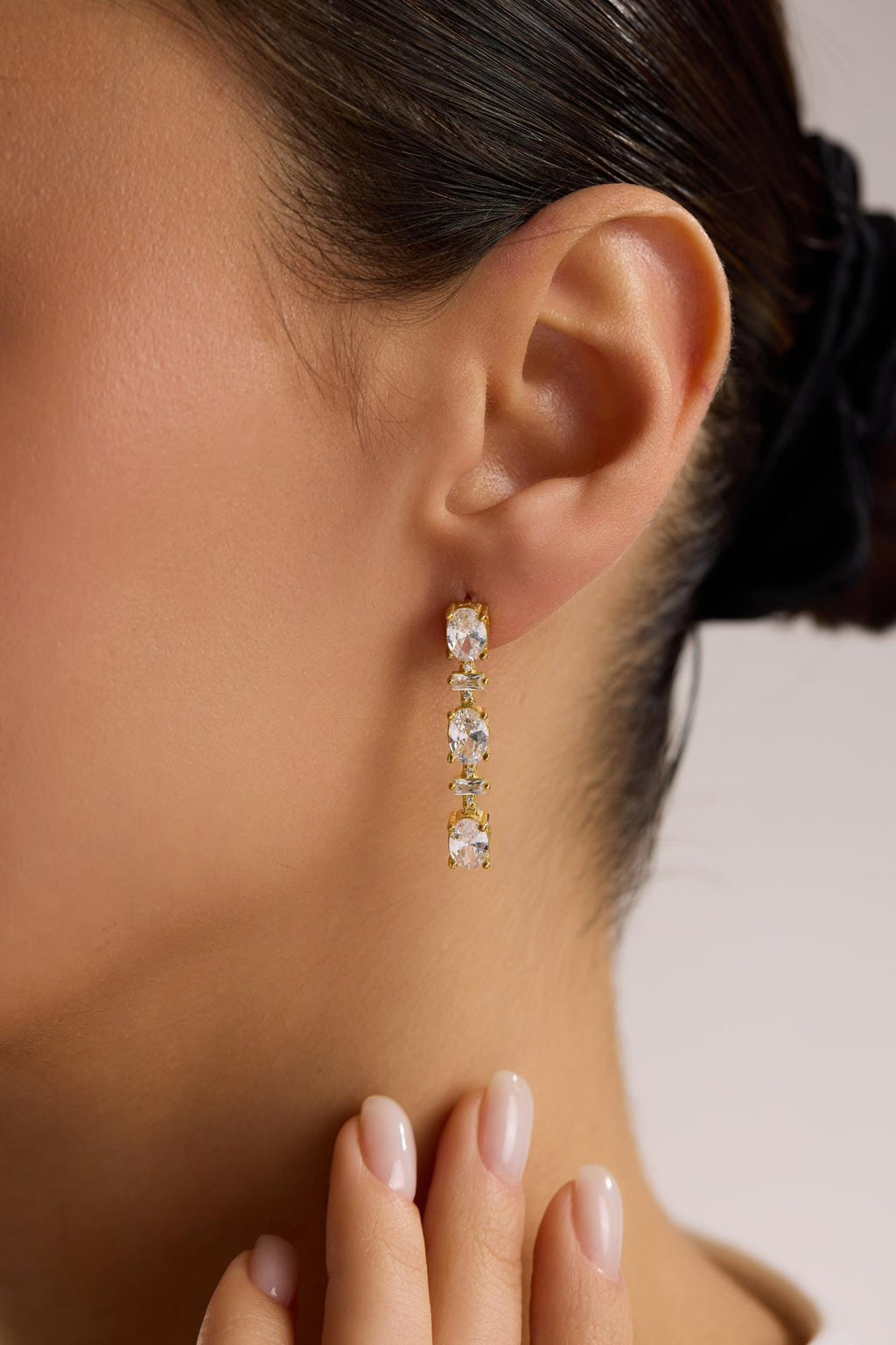 Sterling Silver Gold Plated White Oval Drop Earrings | Triple Zircon (NRZ1000877)