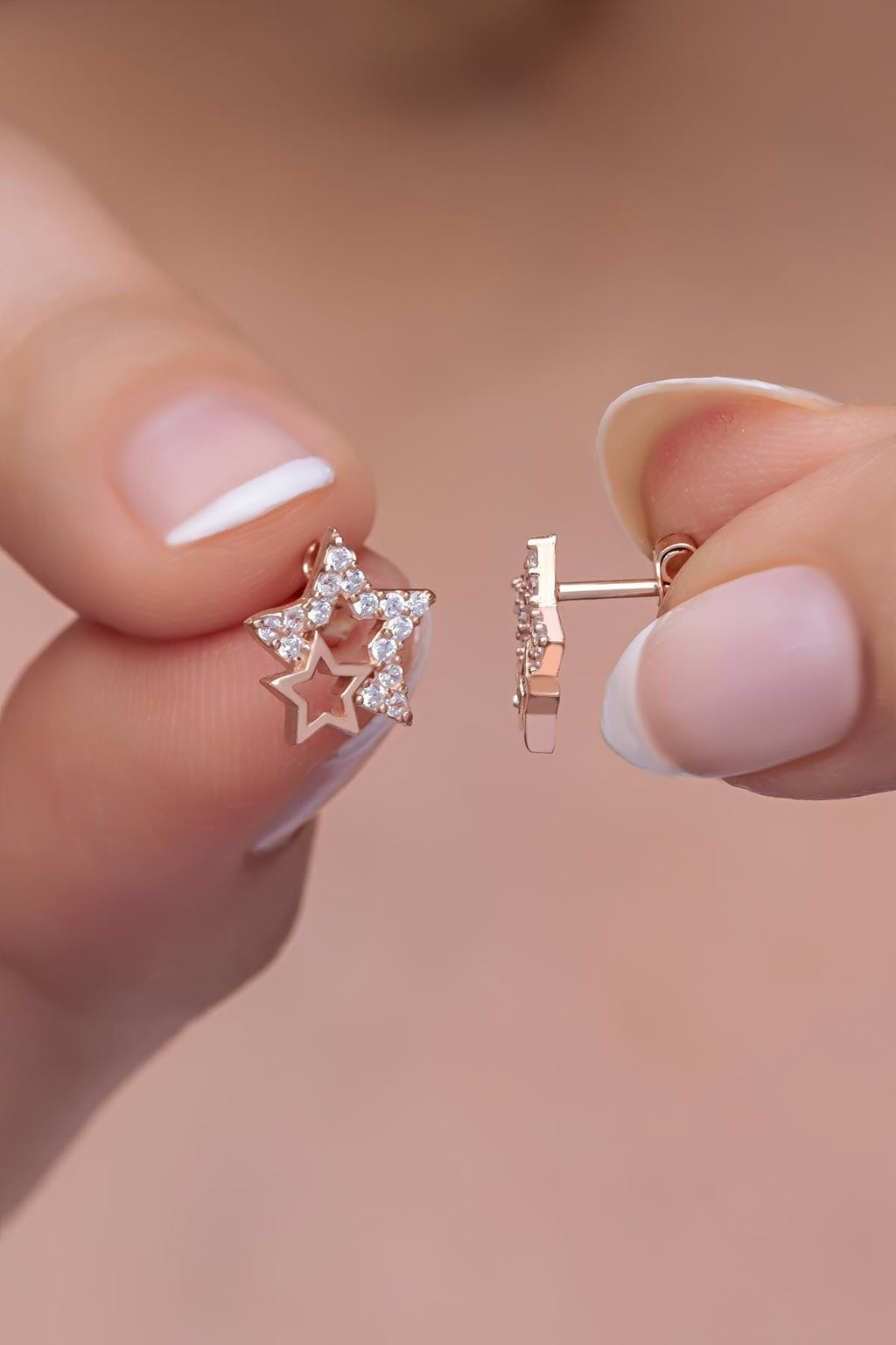 Sterling Silver Double Star Stud Earrings | Zircon Minimal Design (NRZ999147)