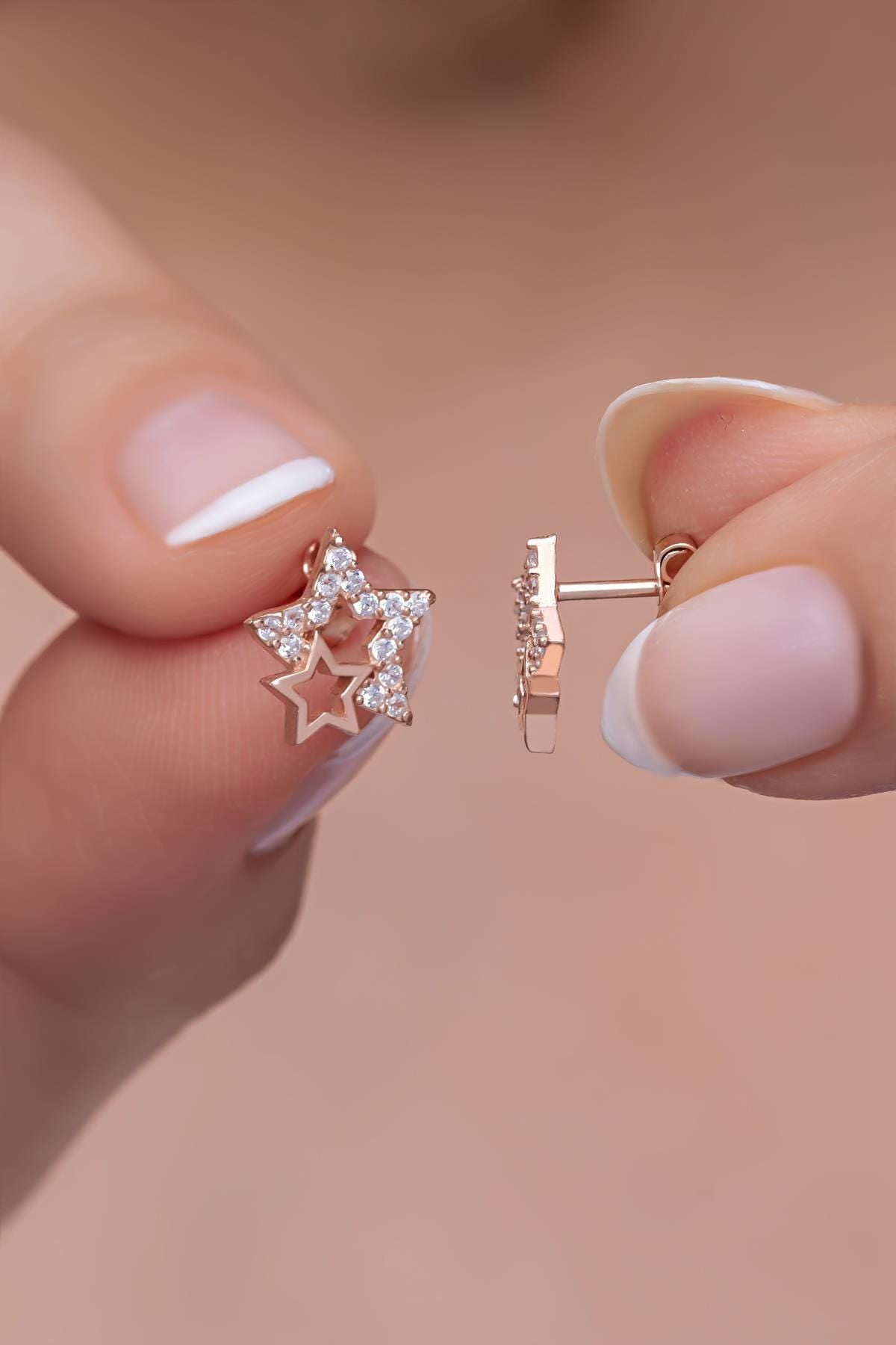Sterling Silver Double Star Stud Earrings | Zircon Minimal Design (NRZ999147)