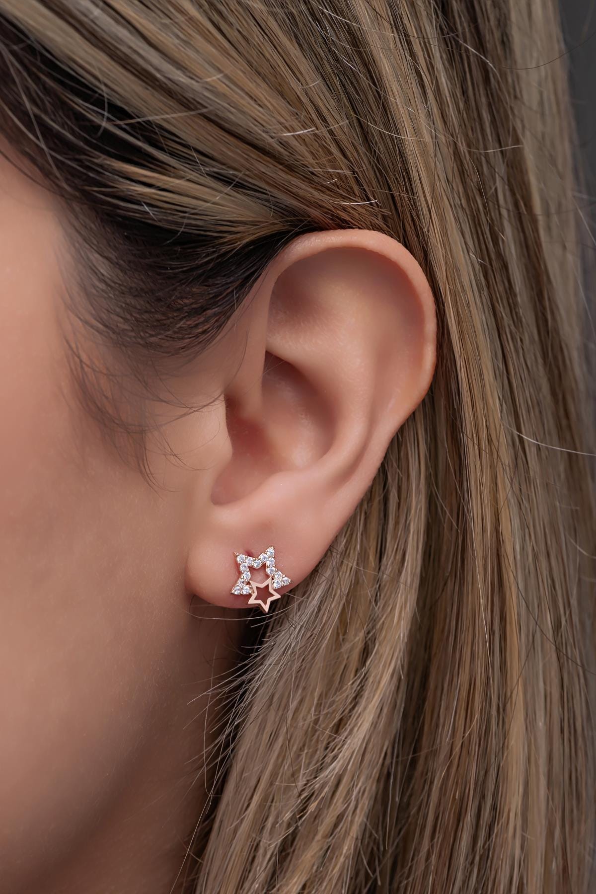 Sterling Silver Double Star Stud Earrings | Zircon Minimal Design (NRZ999147)