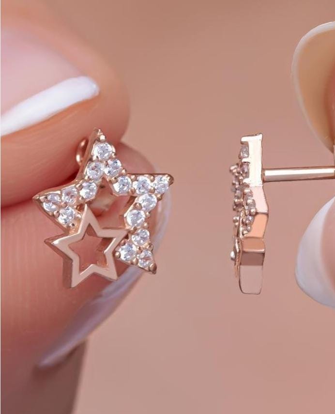 Sterling Silver Double Star Stud Earrings | Zircon Minimal Design (NRZ999147)