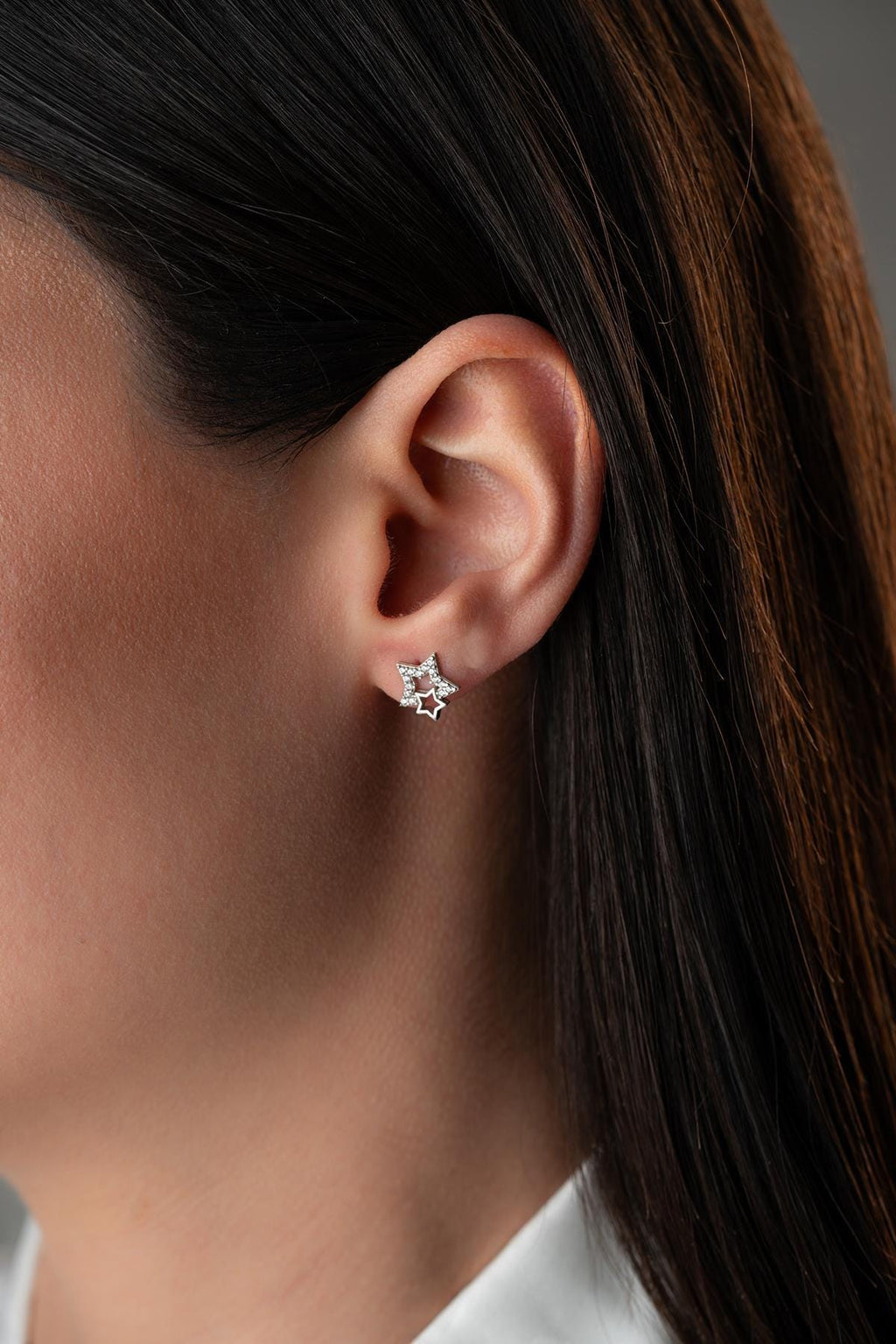 Sterling Silver Double Star Stud Earrings | Zircon Minimal Design (NRZ1000401)