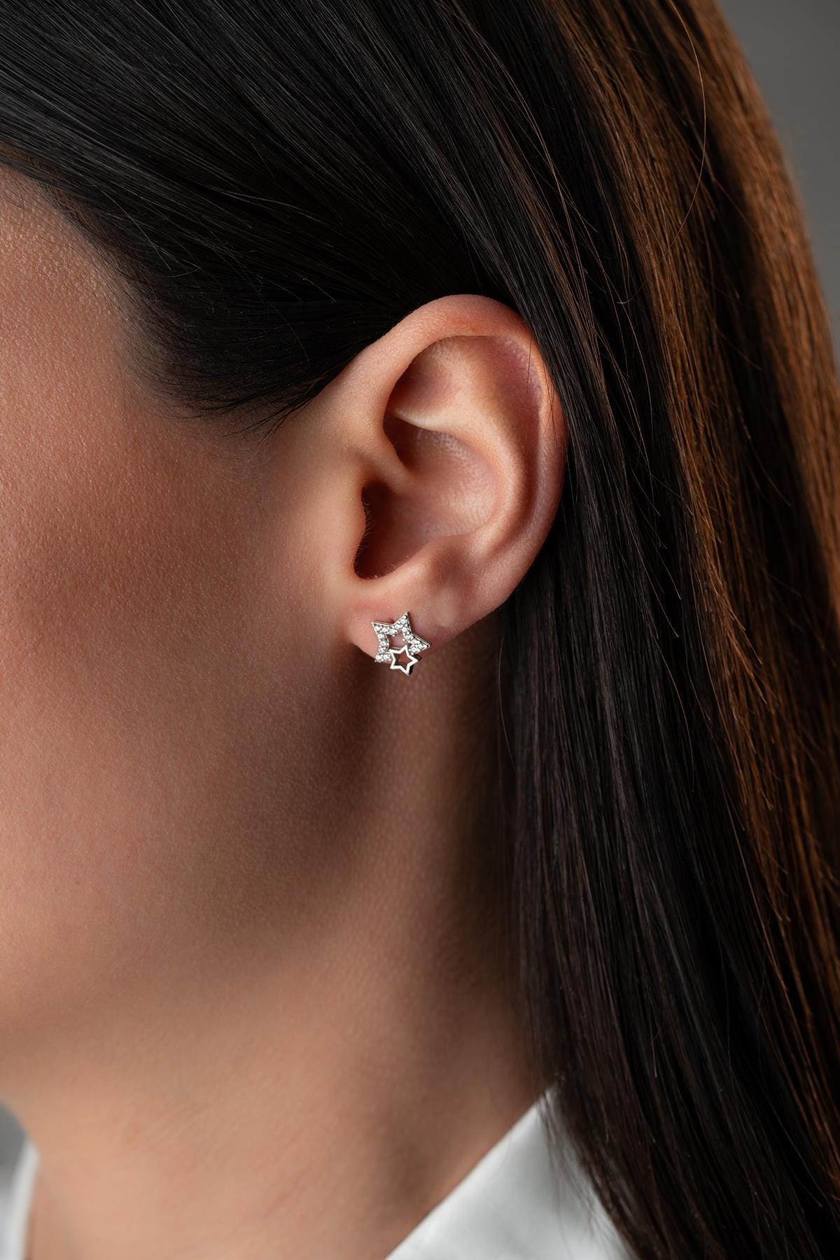 Sterling Silver Double Star Stud Earrings | Zircon Minimal Design (NRZ1000401)