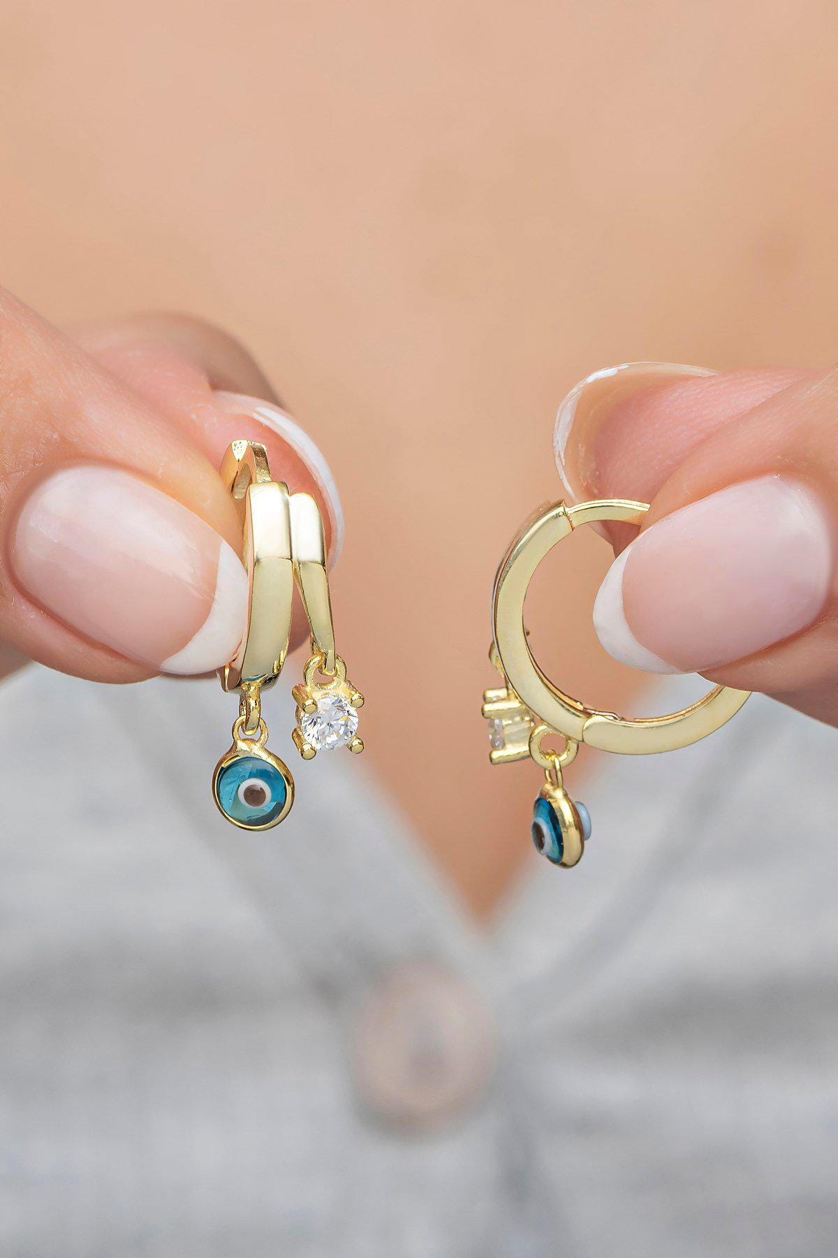Sterling Silver Gold Plated Evil Eye Hoop Earrings | Zircon Huggie (NRZ998700)