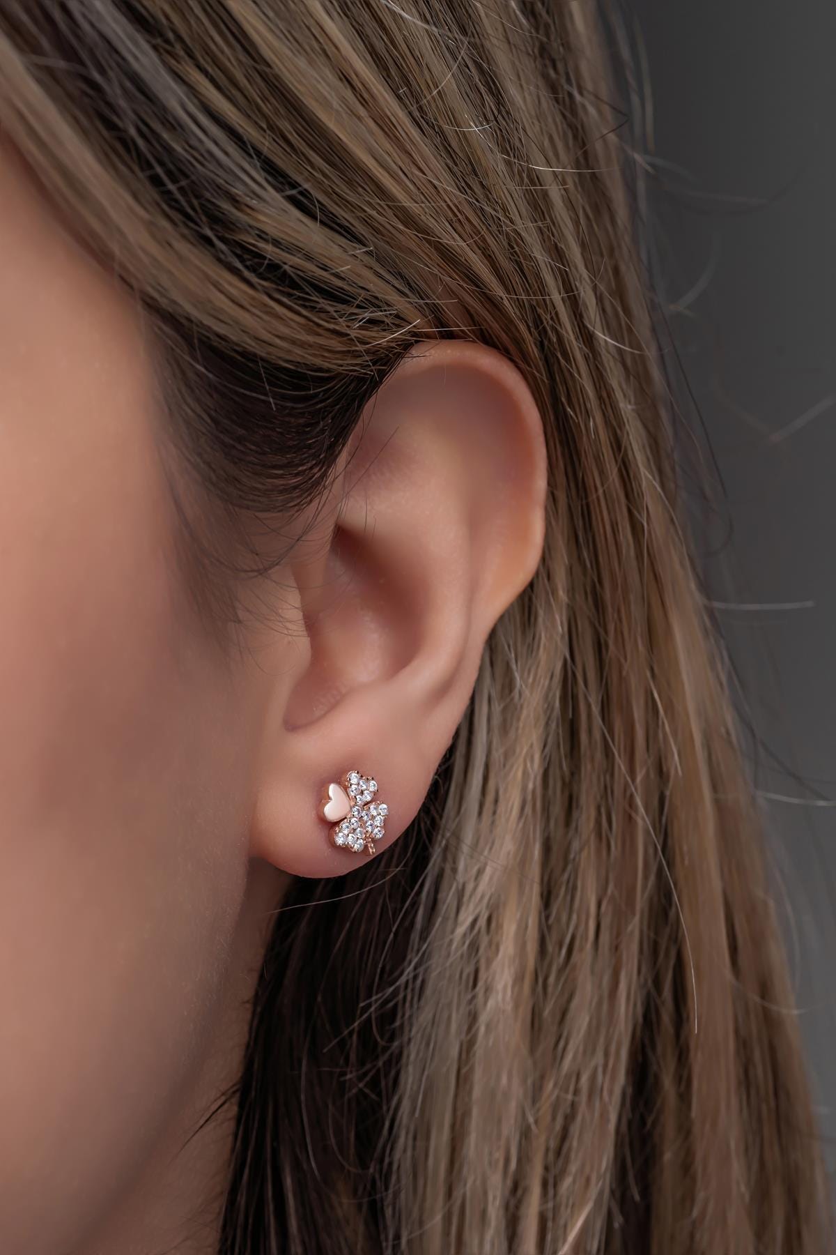 Rose Gold Clover Stud Earrings – Sterling Silver Zircon Lucky Charms