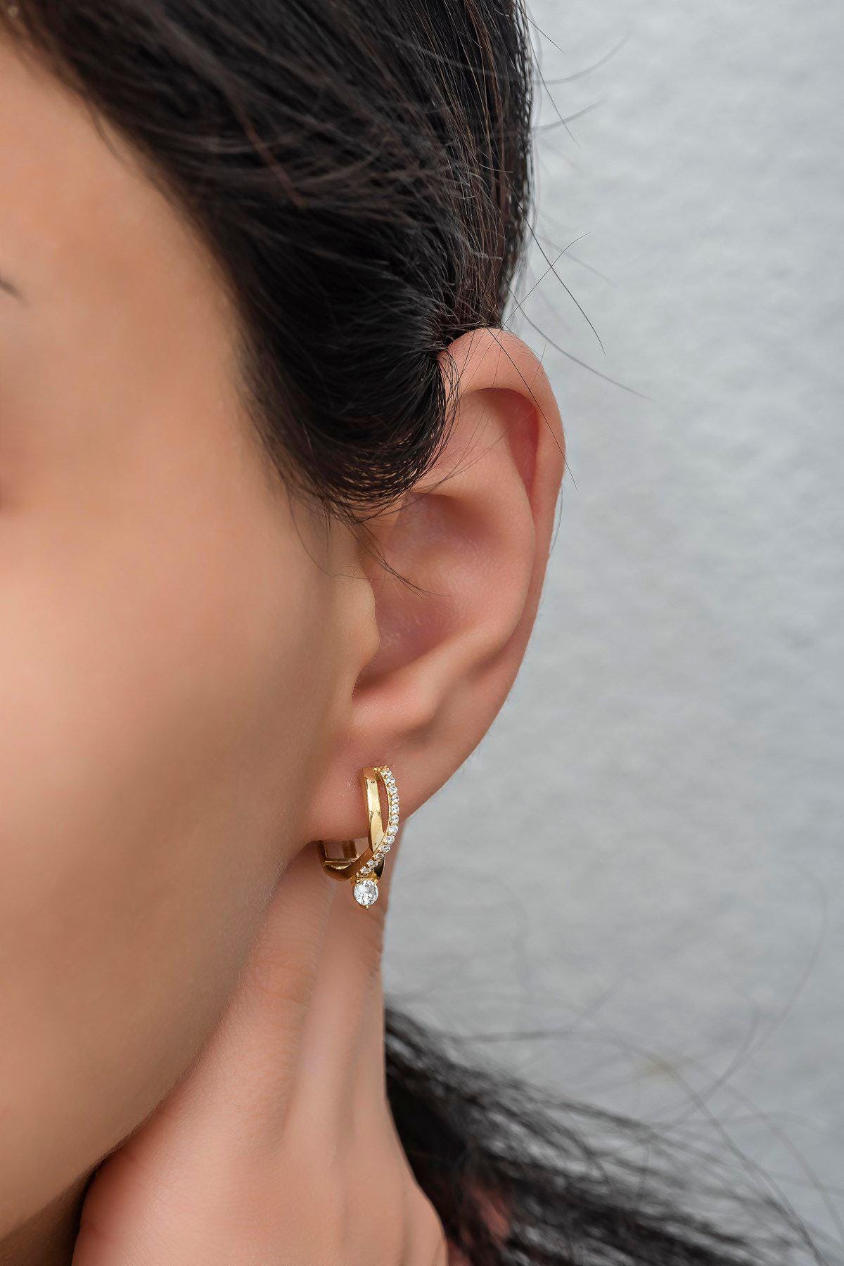 Sterling Silver Gold plated Hoop Earrings | Zircon Braided Design (NRZ998324)