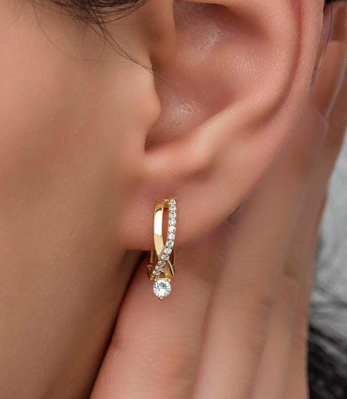 Sterling Silver Gold plated Hoop Earrings | Zircon Braided Design (NRZ998324)