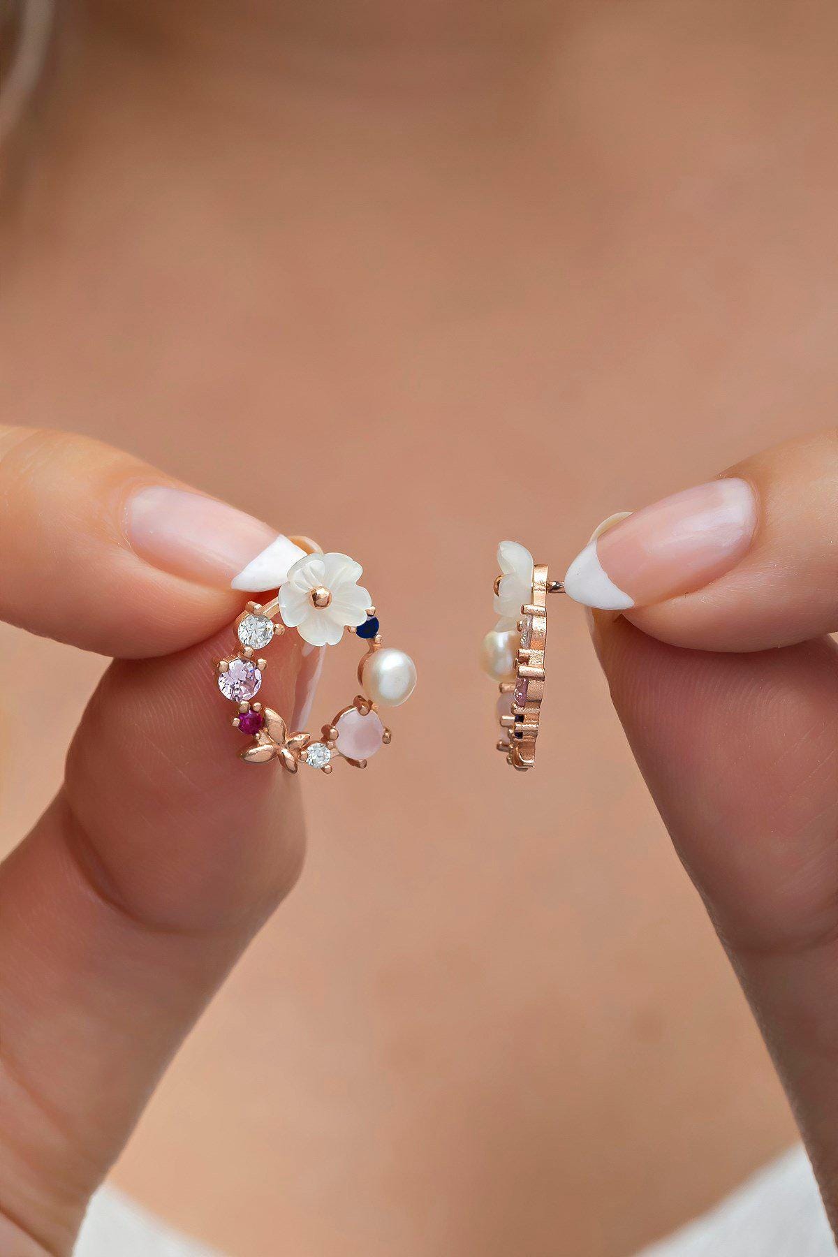 Sterling Silver Magnolia Flower Earrings | Rose Gold Floral Hoops (NRZ998566)