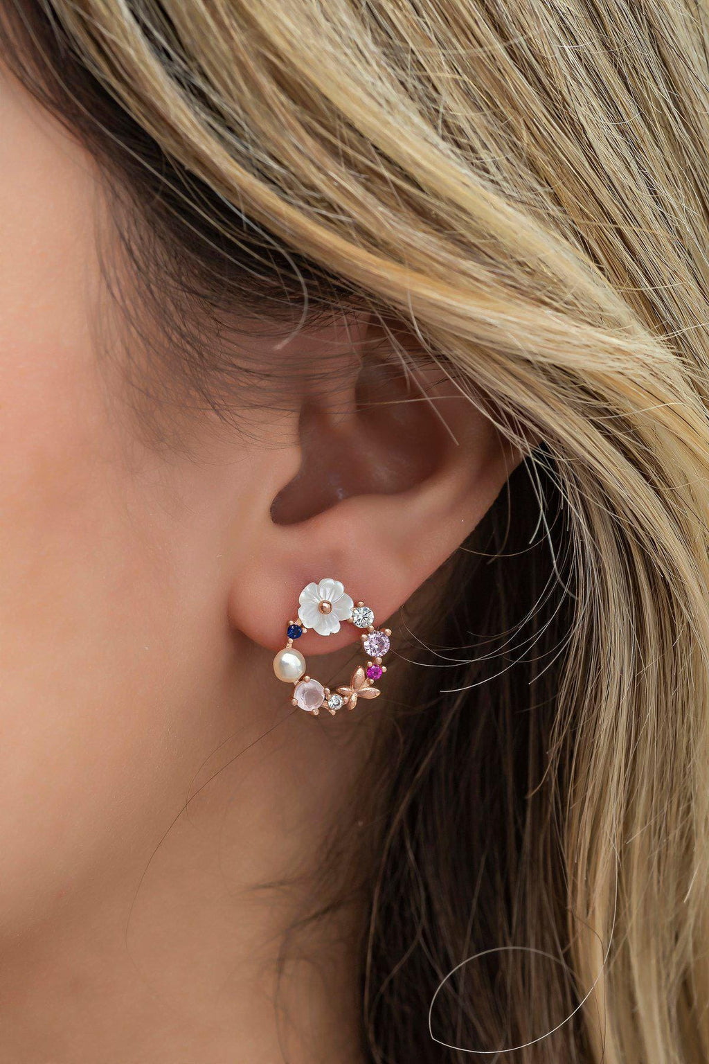 Sterling Silver Magnolia Flower Earrings | Rose Gold Floral Hoops (NRZ998566)