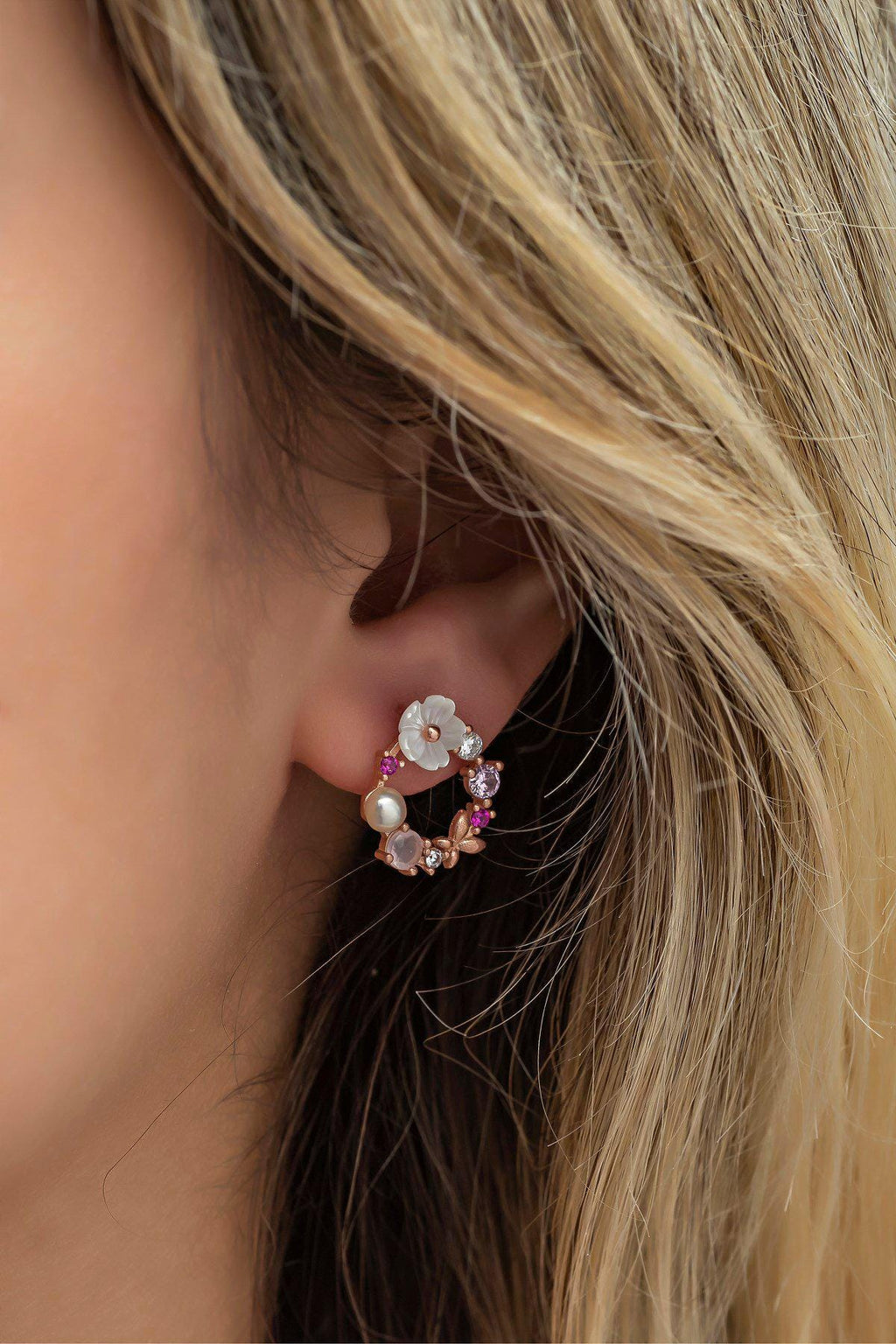Sterling Silver Magnolia Flower Earrings | Rose Gold Floral Hoops (NRZ998566)