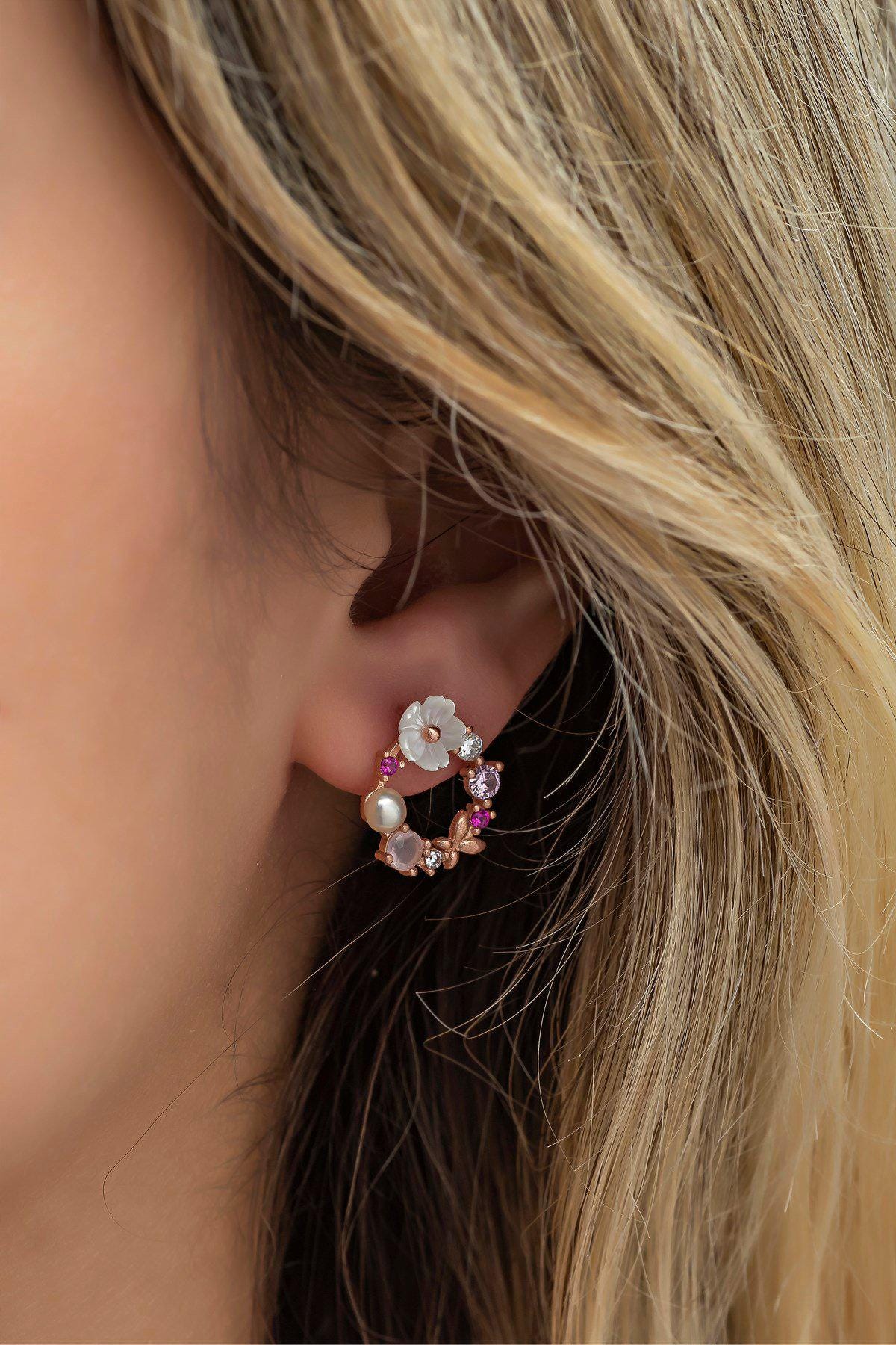 Sterling Silver Magnolia Flower Earrings | Rose Gold Floral Hoops (NRZ998566)