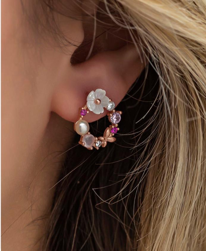 Sterling Silver Magnolia Flower Earrings | Rose Gold Floral Hoops (NRZ998566)