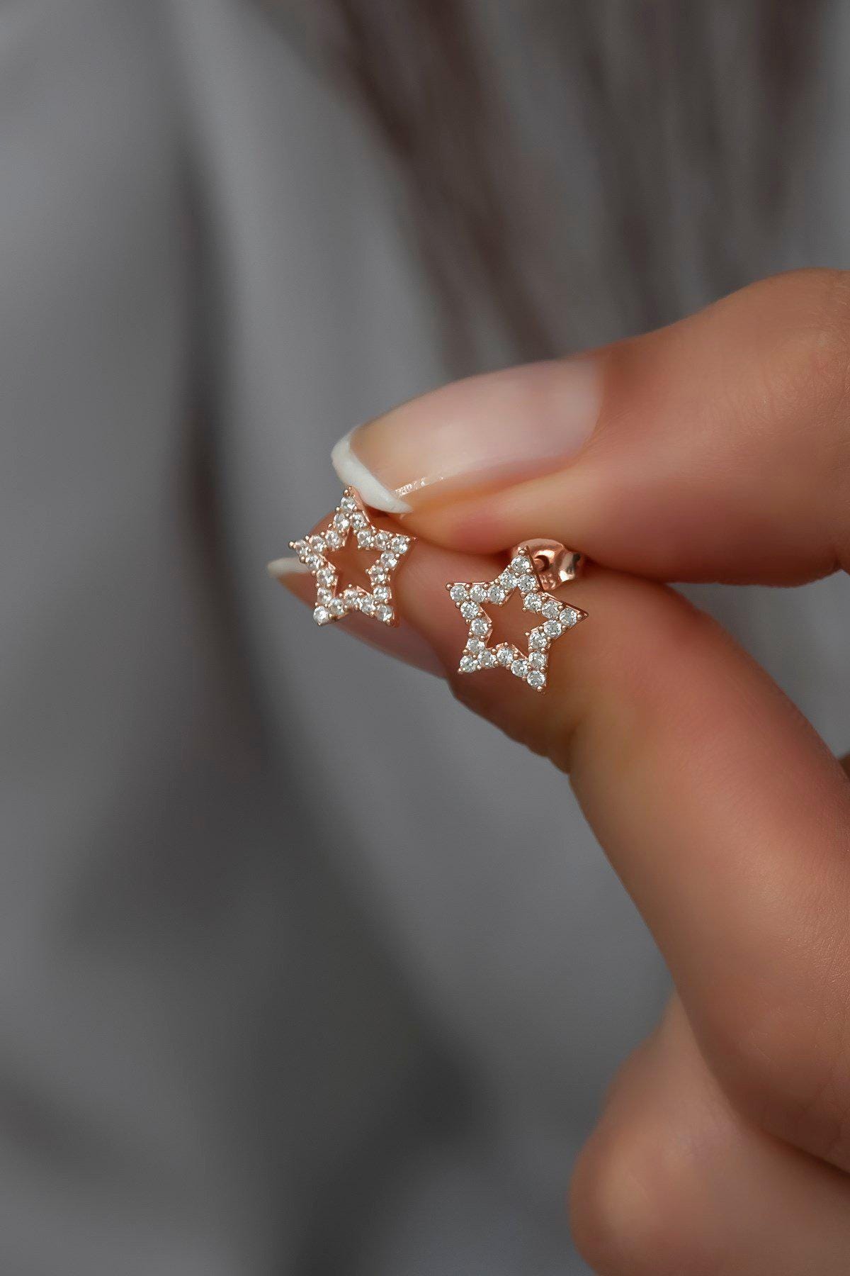 Sterling Silver Star Stud Earrings | Rose Gold Zircon (NRZ99800)