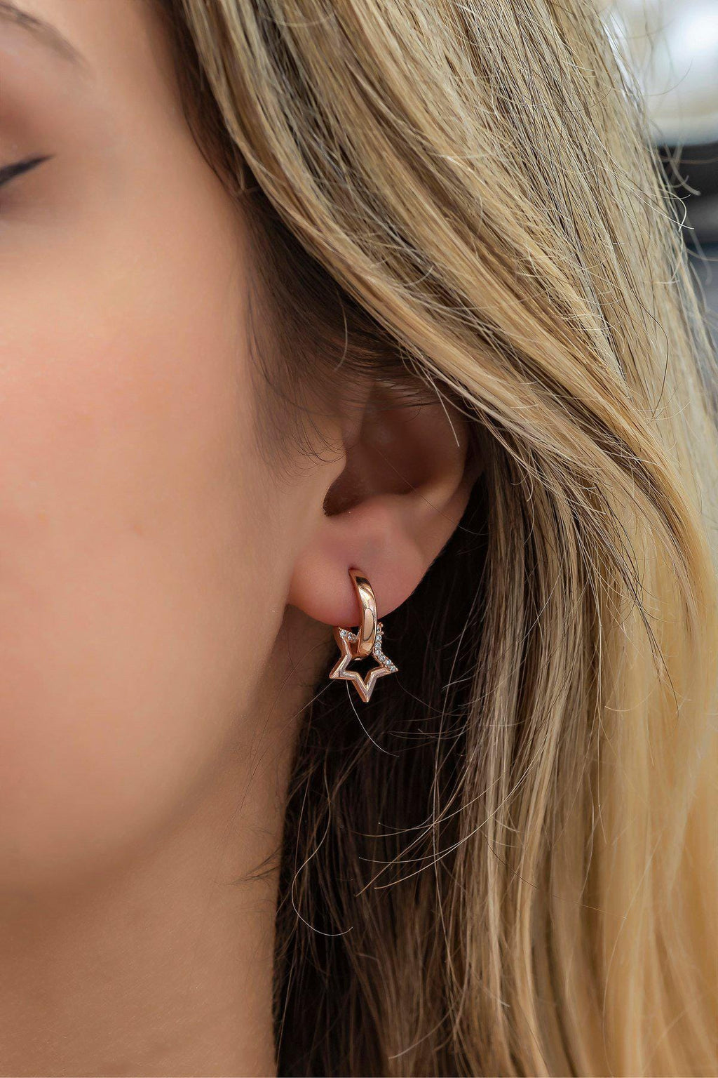 Sterling Silver Rose Gold Star Dangle Hoop Earrings | Zircon Charm (NRZ998583)
